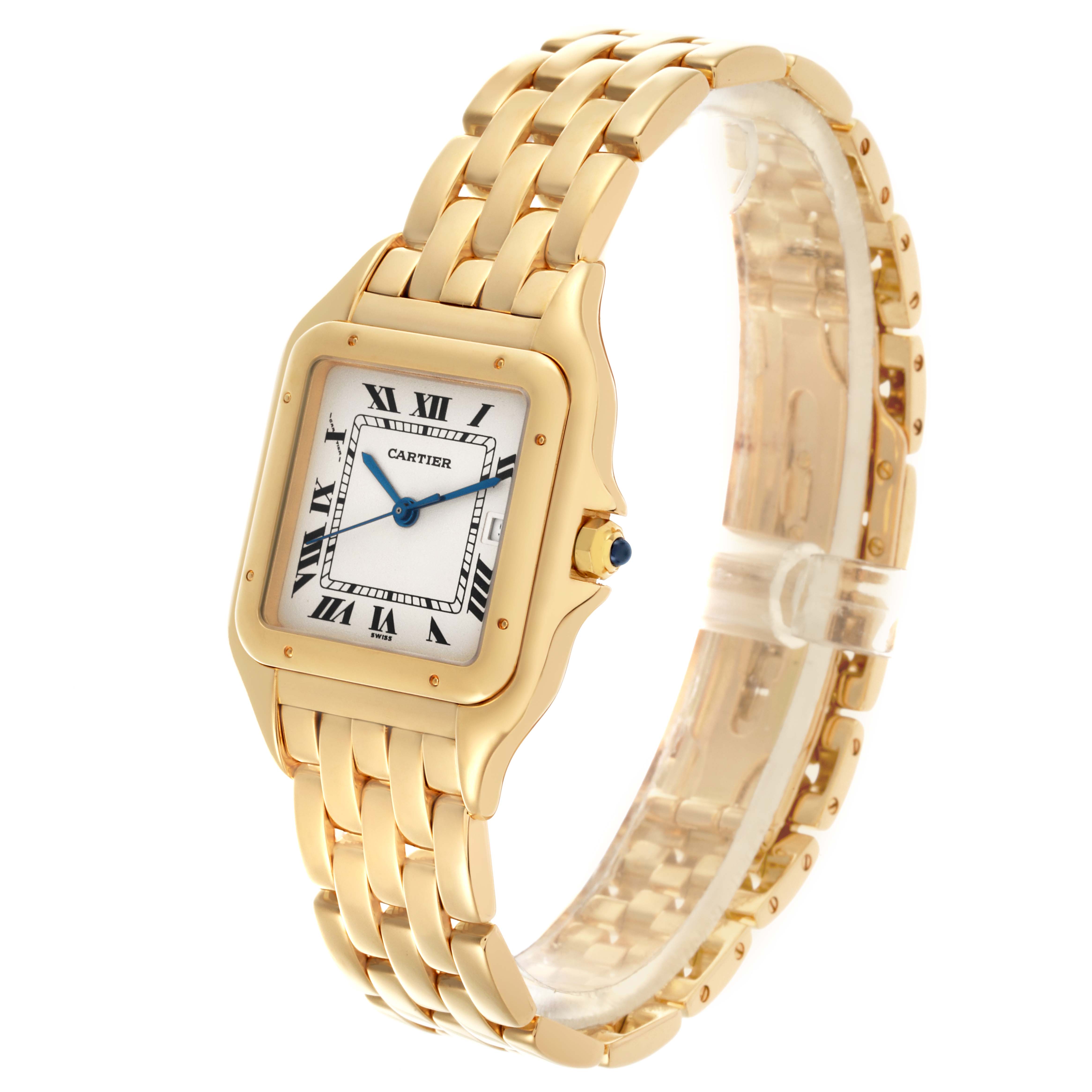 The Cartier Panthere W25014B9 Men's Yellow Gold Silver Dial W25014B9 Men's Yellow Gold Silver Dial watch is shown at an angle highlighting the face, crown, and gold bracelet.