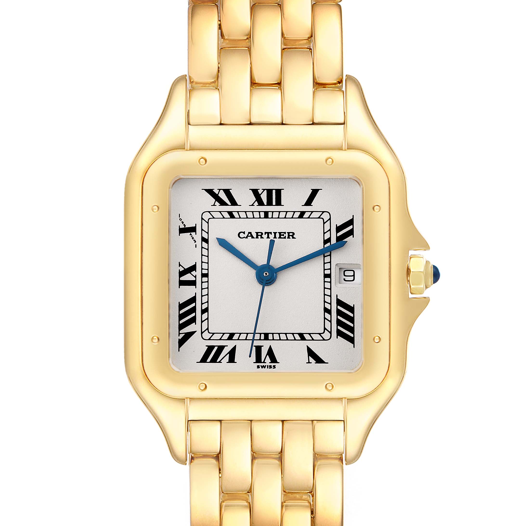 The Cartier Panthere W25014B9 Men's Yellow Gold Silver Dial W25014B9 Men's Yellow Gold Silver Dial watch is shown from the front, displaying the face, bezel, and part of the bracelet.