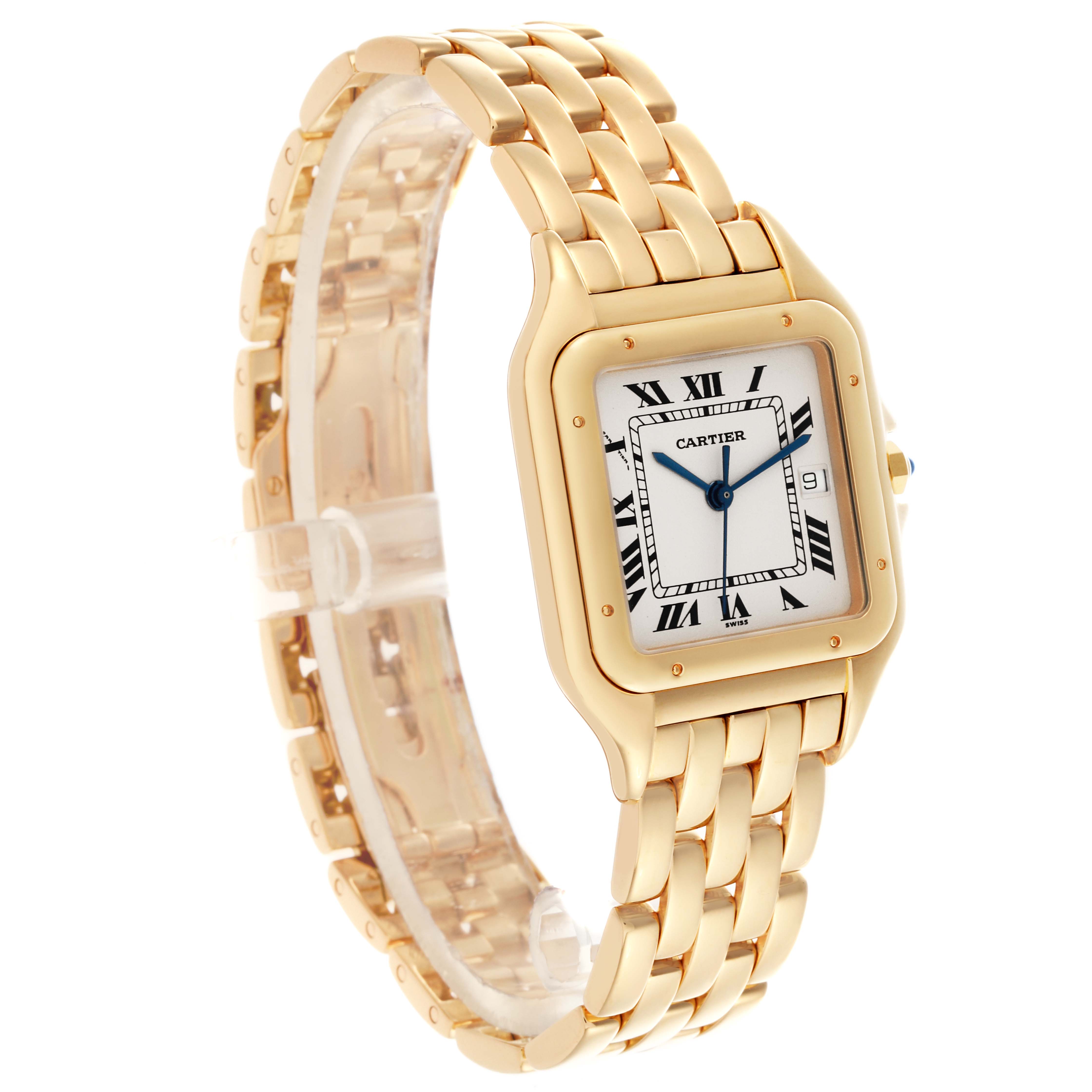 The Cartier Panthere W25014B9 Men's Yellow Gold Silver Dial W25014B9 Men's Yellow Gold Silver Dial watch is shown at a slightly angled side view, highlighting the gold case, bracelet, and dial.