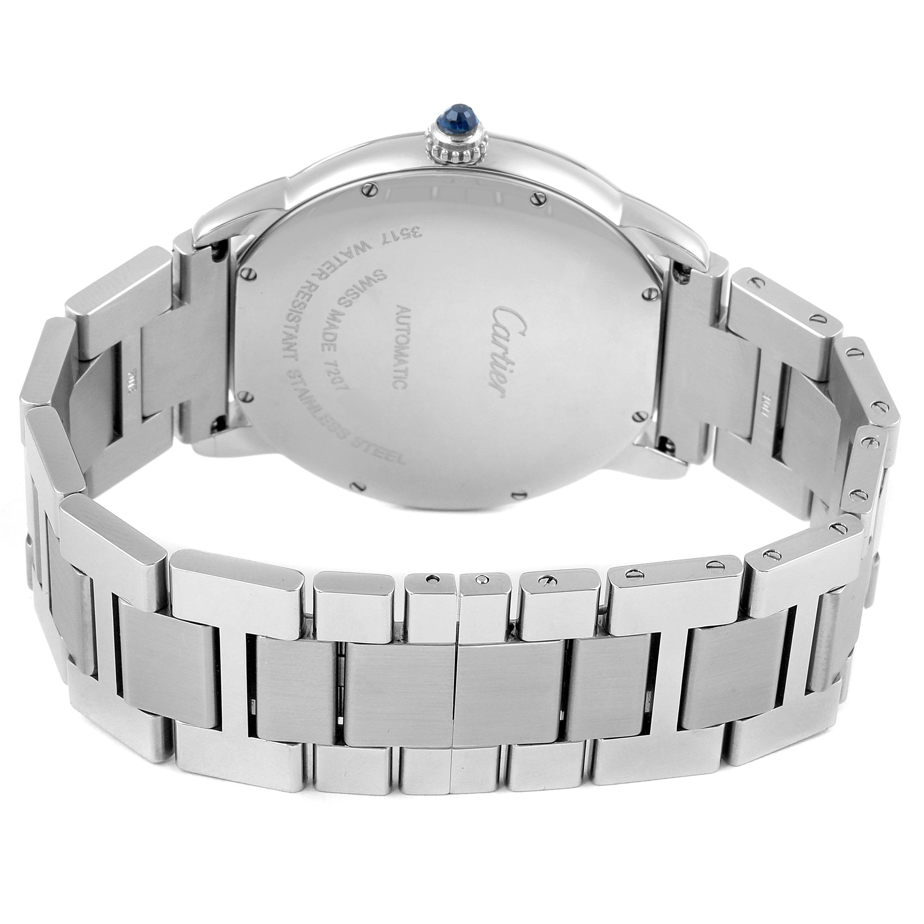 The image shows the back view of the Cartier Ronde W6701011 Men's Stainless Steel Silver Dial W6701011 Men's Stainless Steel Silver Dial watch, highlighting the clasp, bracelet, case back, and crown.