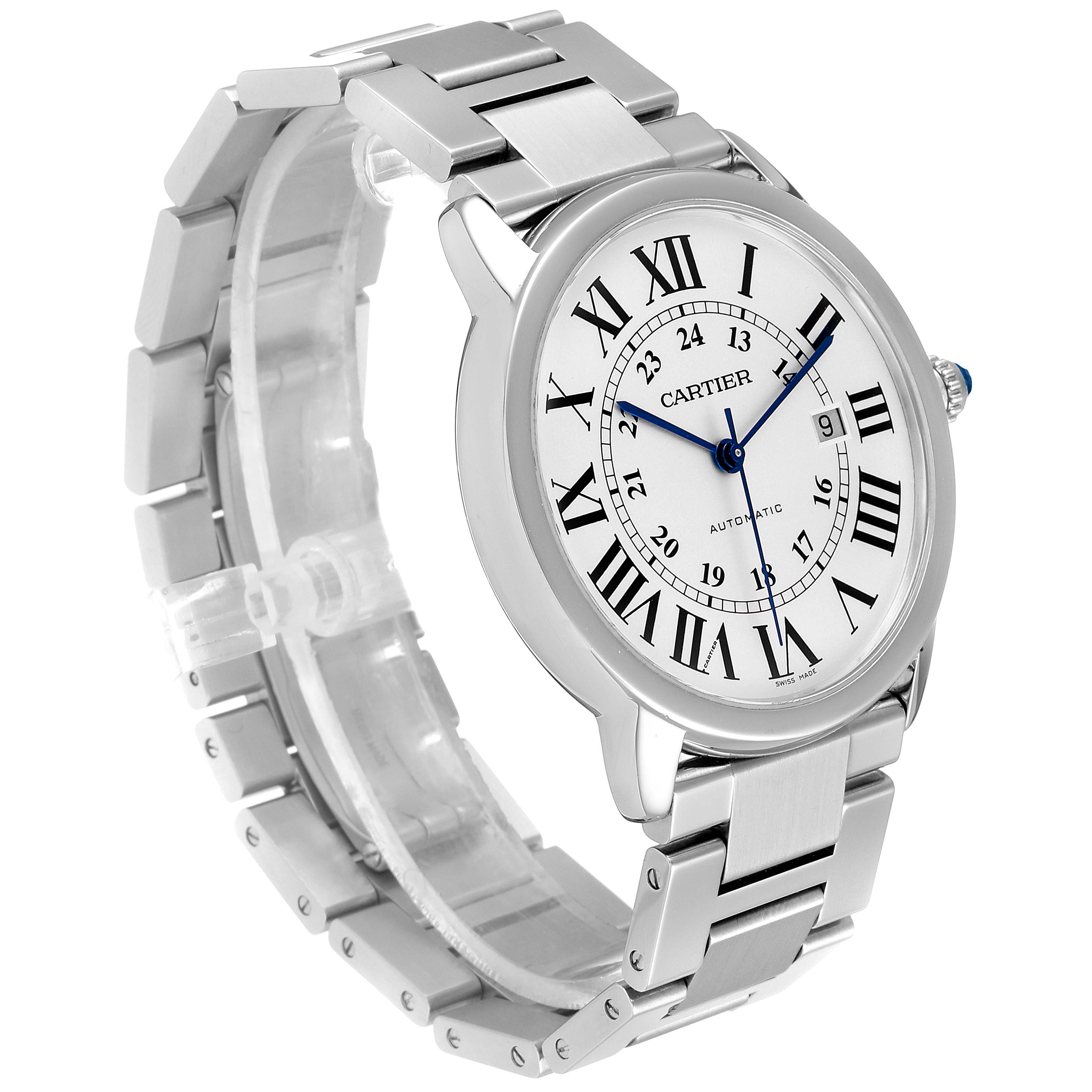 The Ronde model by Cartier is shown at a slight angle, displaying its face, Roman numerals, and metal bracelet.