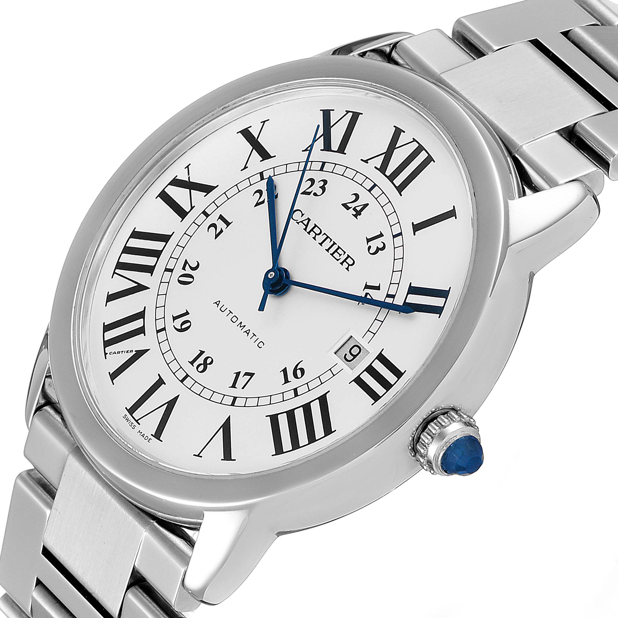The image shows the face and side profile of the Ronde model Cartier watch at an angle, highlighting its details and bracelet.