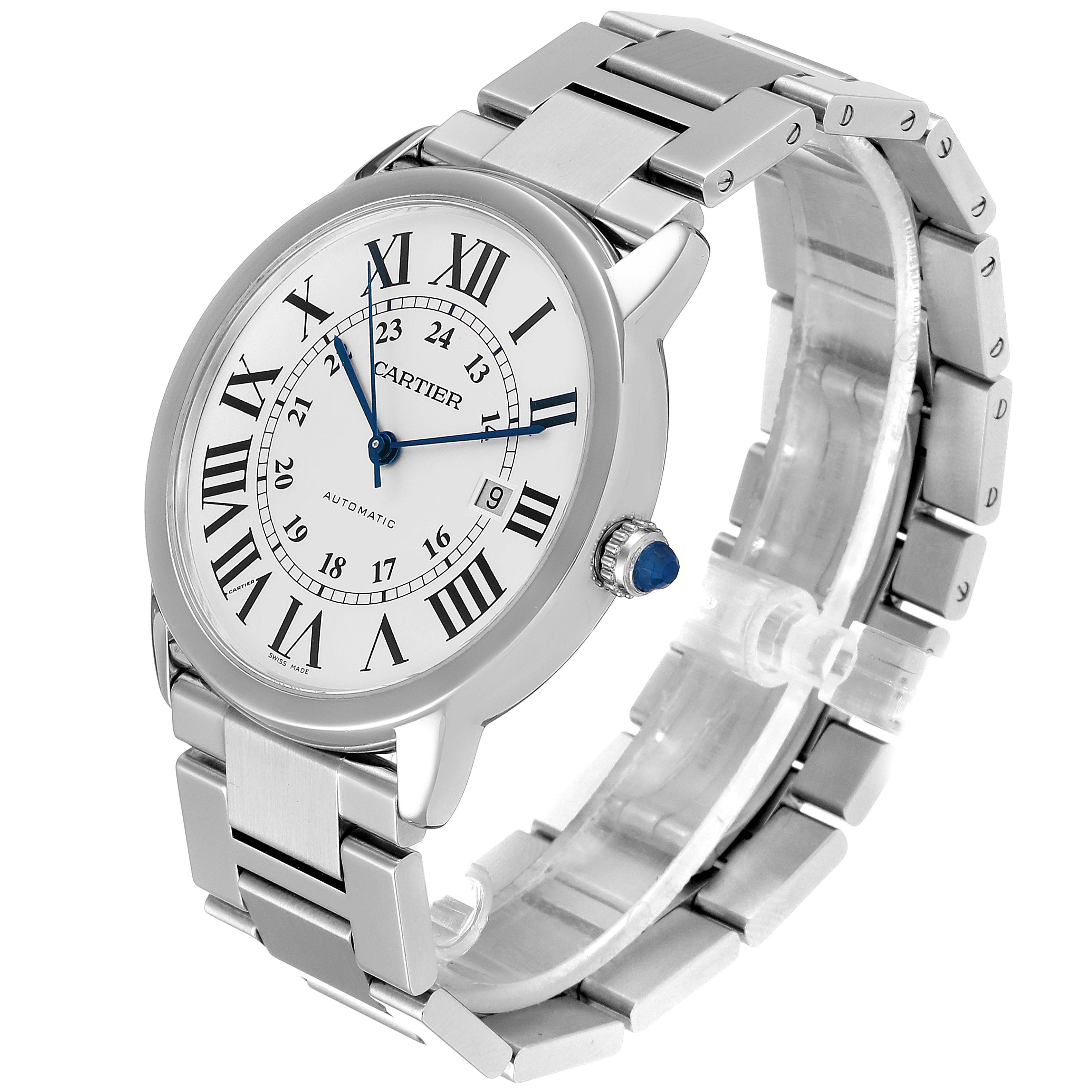 This image shows a Cartier Ronde W6701011 Men's Stainless Steel Silver Dial W6701011 Men's Stainless Steel Silver Dial watch from an angled view, highlighting the dial, case, bracelet, and crown.