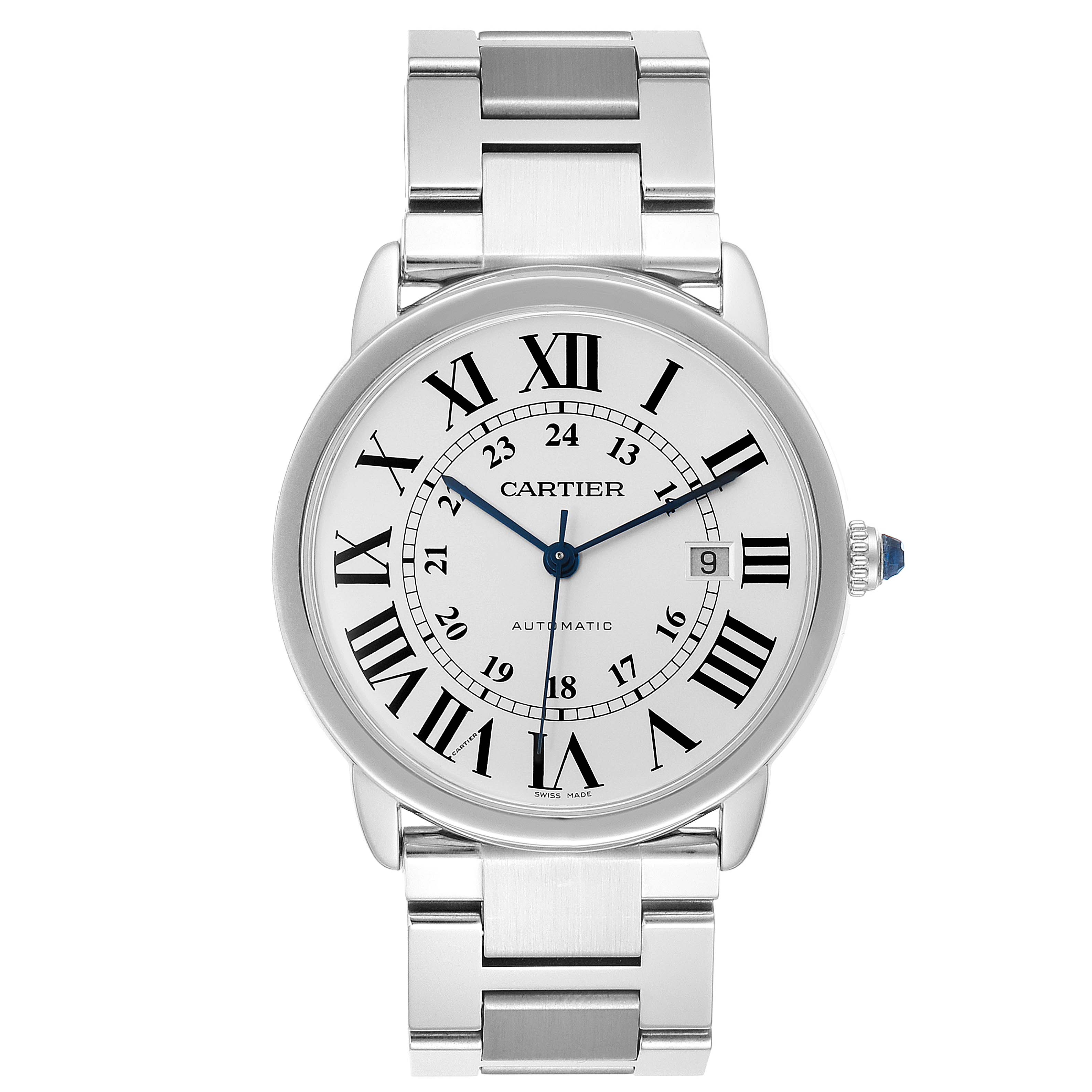 The Cartier Ronde W6701011 Men's Stainless Steel Silver Dial W6701011 Men's Stainless Steel Silver Dial watch is shown from a front angle, displaying its dial, hands, and metal bracelet.
