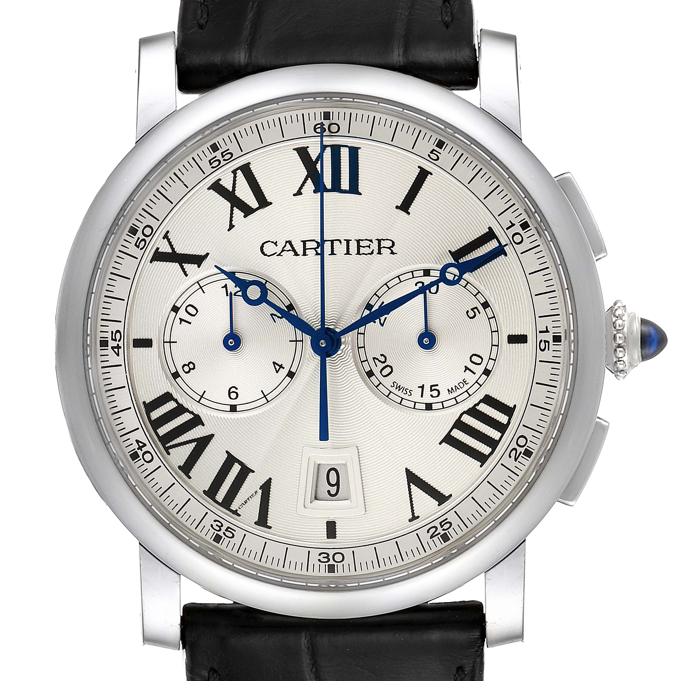 The image shows a front view of a Rotonde de Cartier watch, displaying its face, dials, and leather strap.
