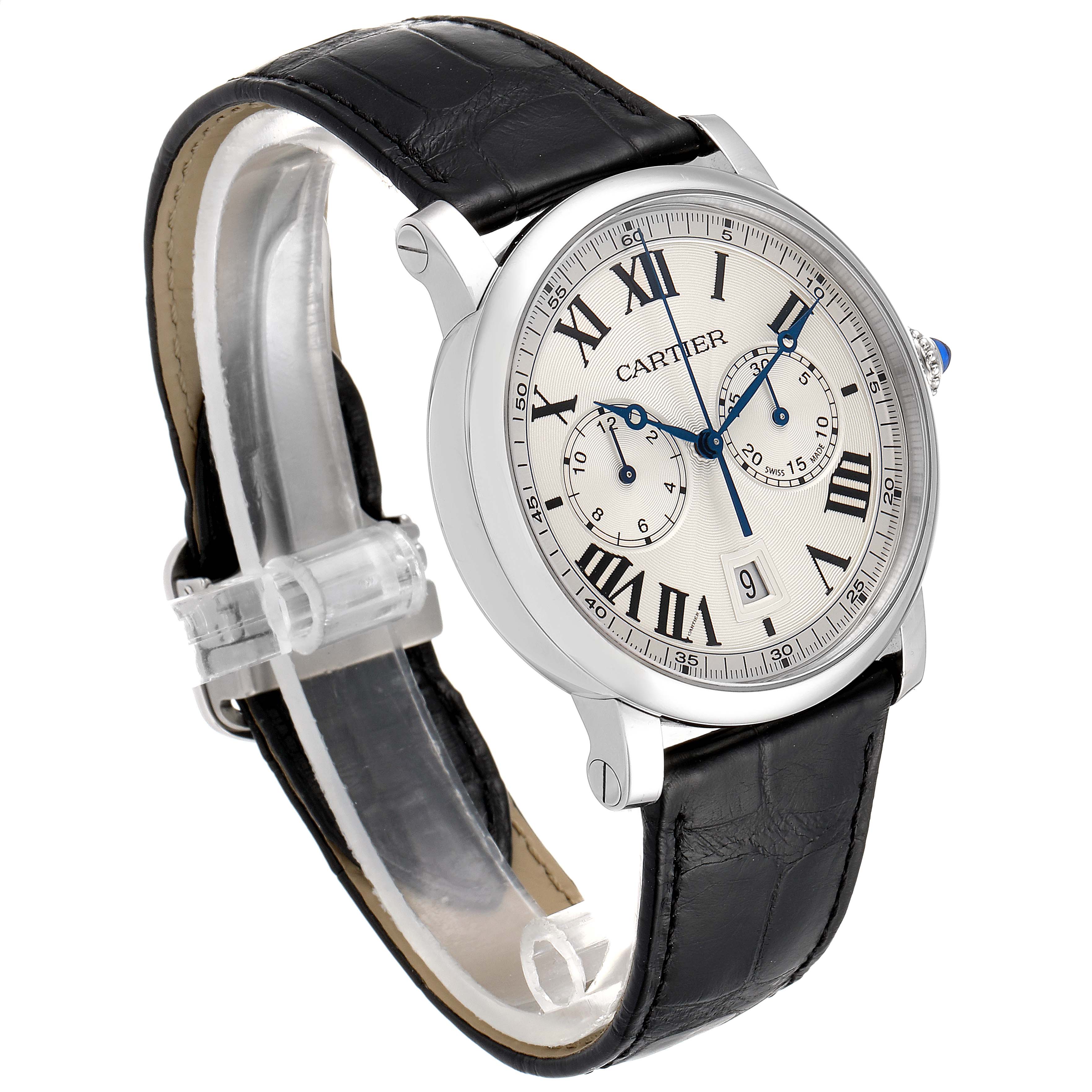 The image shows a Cartier Rotonde WSRO0002 Men's Stainless Steel Silver Dial WSRO0002 Men's Stainless Steel Silver Dial model watch at a slight angle, highlighting its face, leather strap, and side crown.