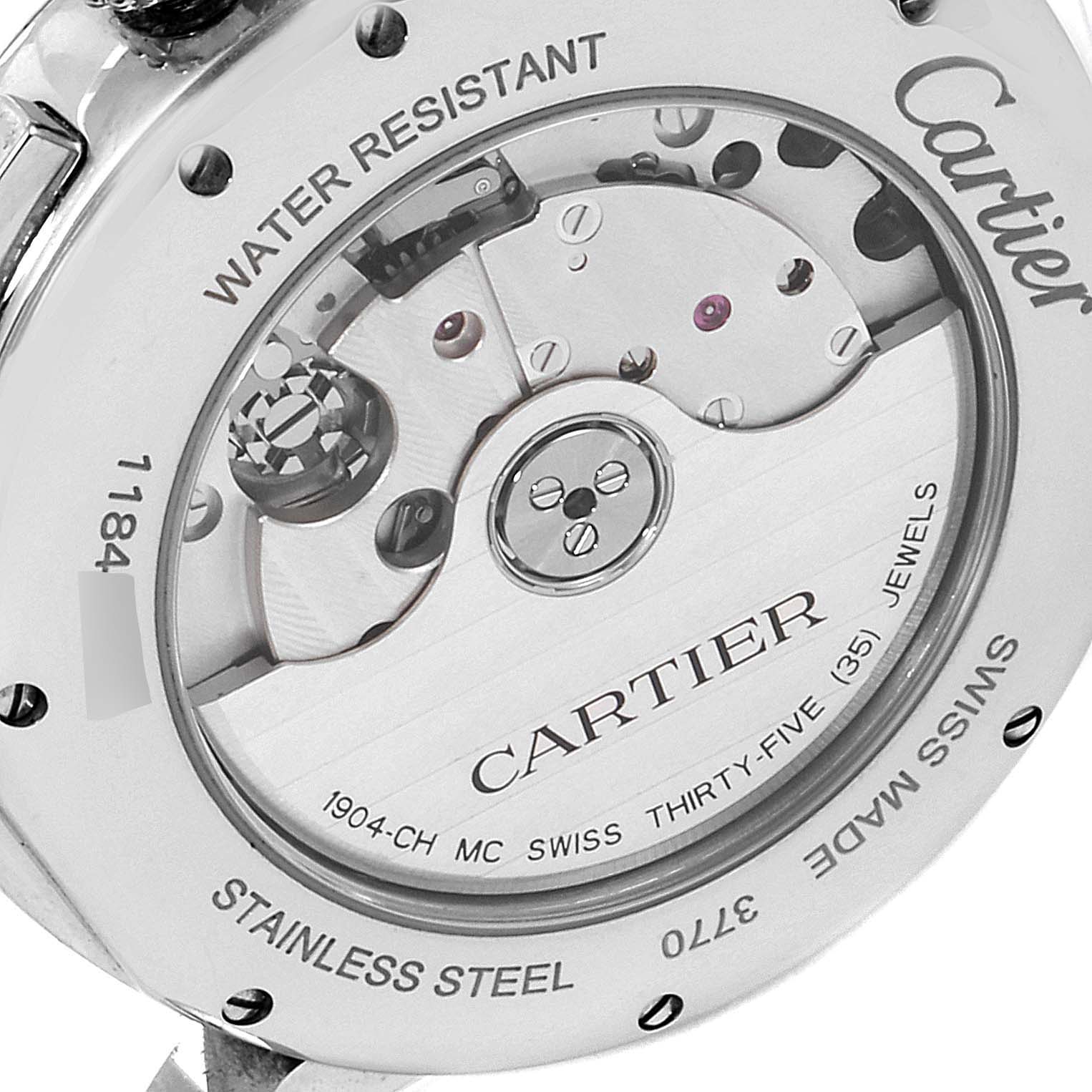 The image shows the back of a Cartier Rotonde WSRO0002 Men's Stainless Steel Silver Dial WSRO0002 Men's Stainless Steel Silver Dial watch, specifically the movement and inscriptions.