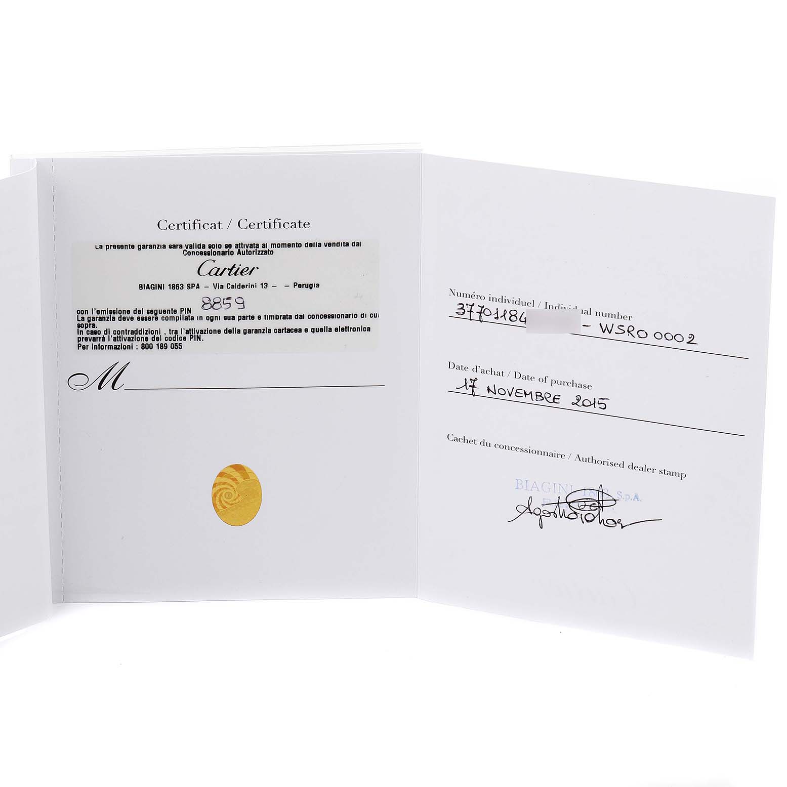 This image shows the certification and warranty booklet for the Cartier Rotonde WSRO0002 Men's Stainless Steel Silver Dial WSRO0002 Men's Stainless Steel Silver Dial model watch.