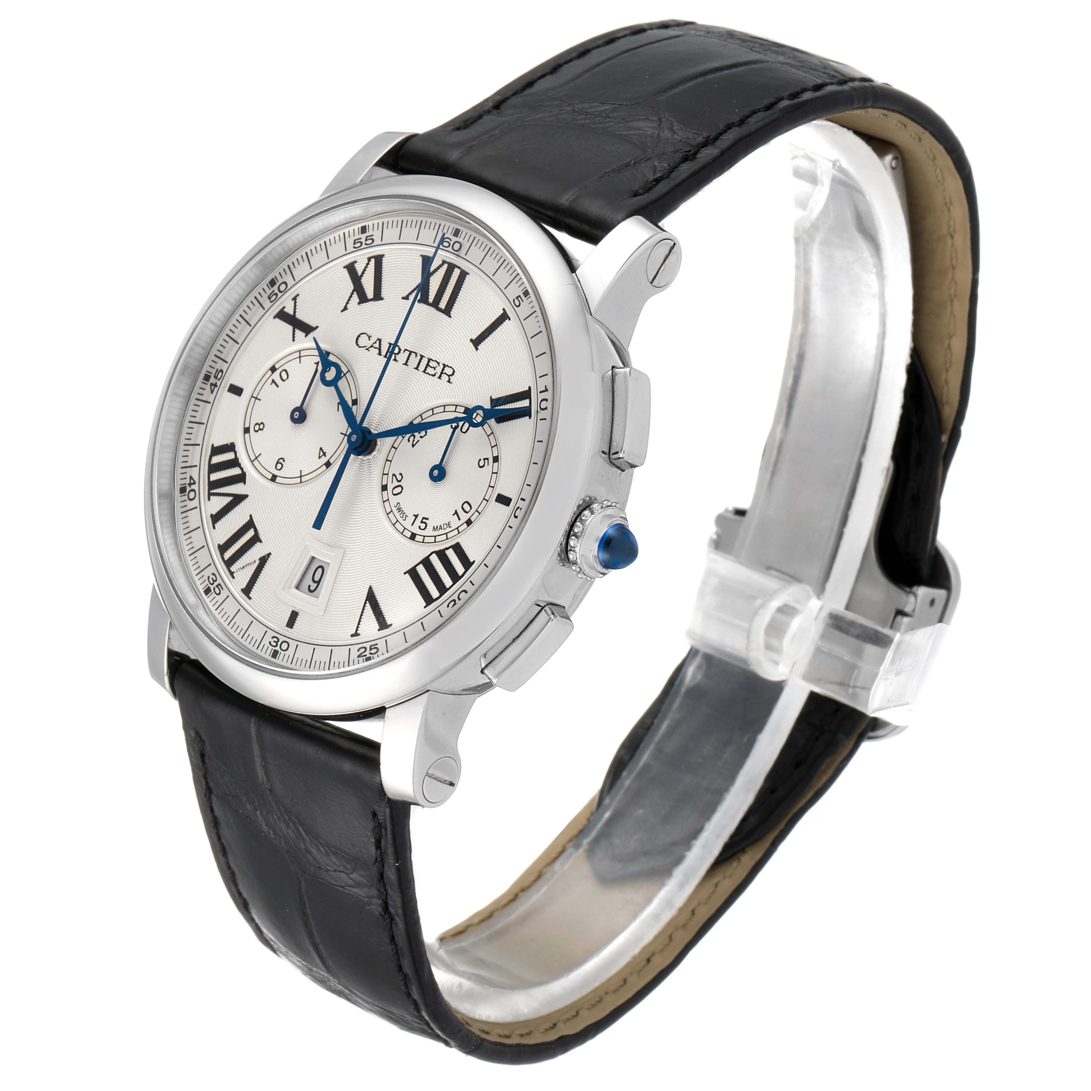 The image shows a Rotonde model by Cartier from an angled side view, highlighting its face, black leather strap, and crown.