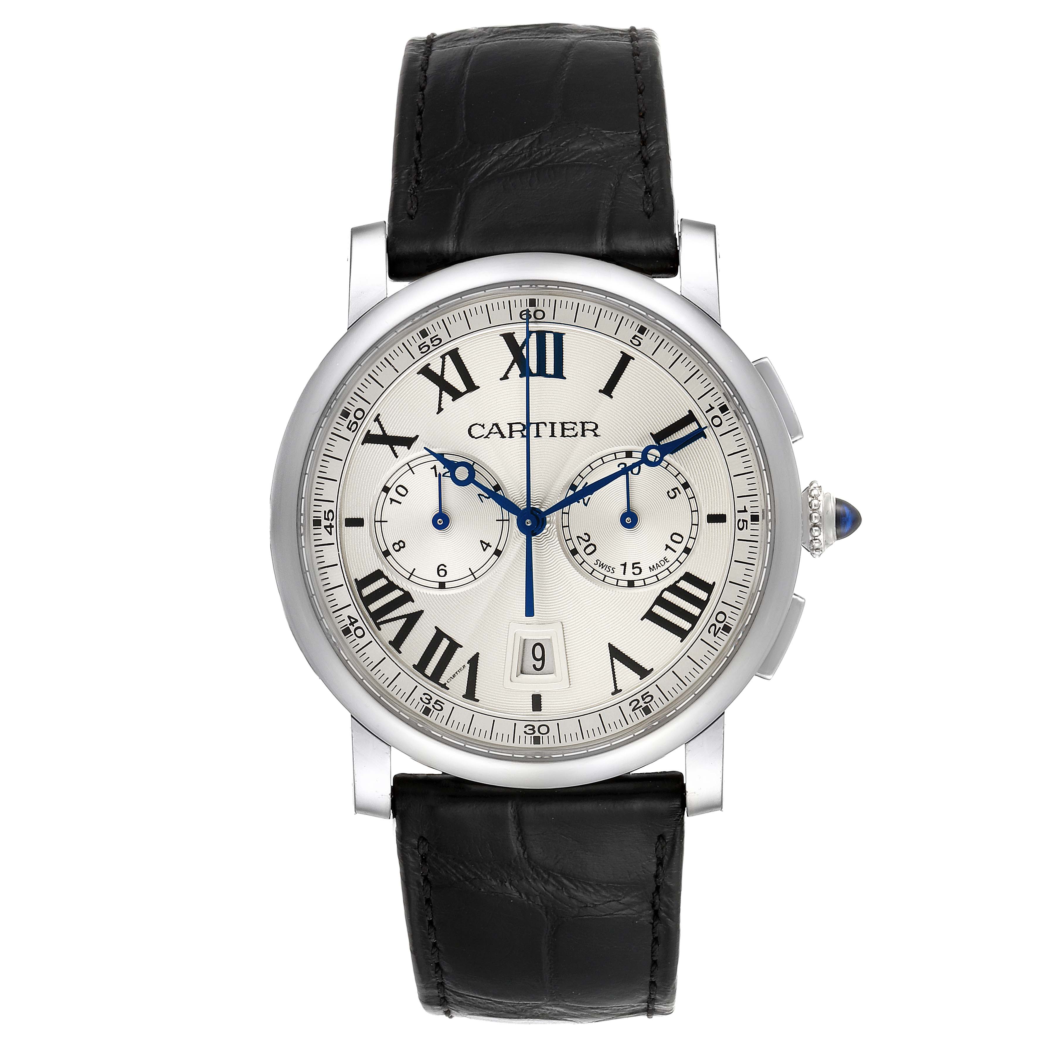 The image shows a front view of the Cartier Rotonde WSRO0002 Men's Stainless Steel Silver Dial WSRO0002 Men's Stainless Steel Silver Dial watch, with its face, Roman numerals, subdials, and black leather strap visible.