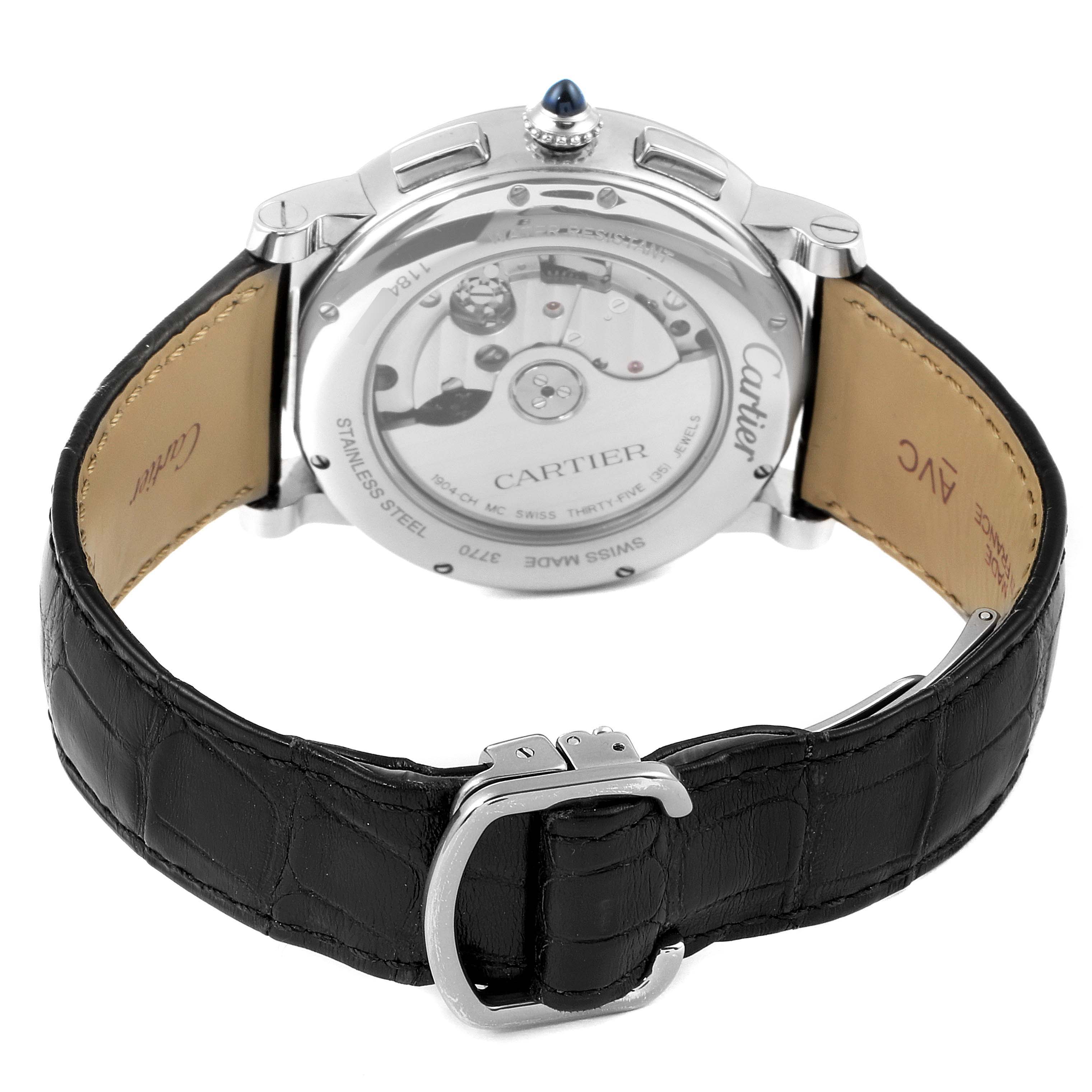 This image shows the rear view of the Rotonde model by Cartier, focusing on the watch's transparent case back and leather strap.
