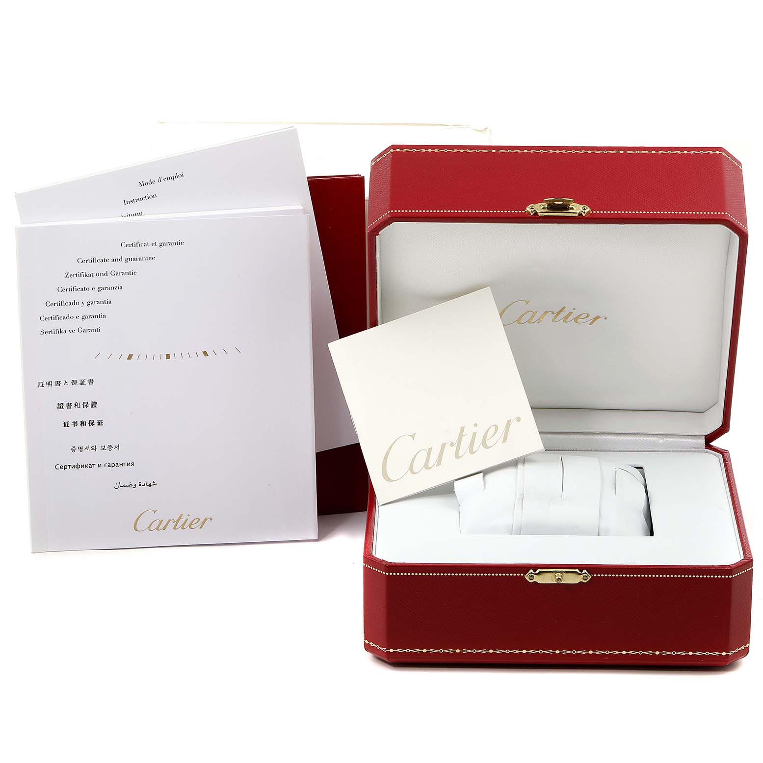 The image shows the packaging and documentation for a Rotonde model by Cartier, including the watch box and guarantee certificates.