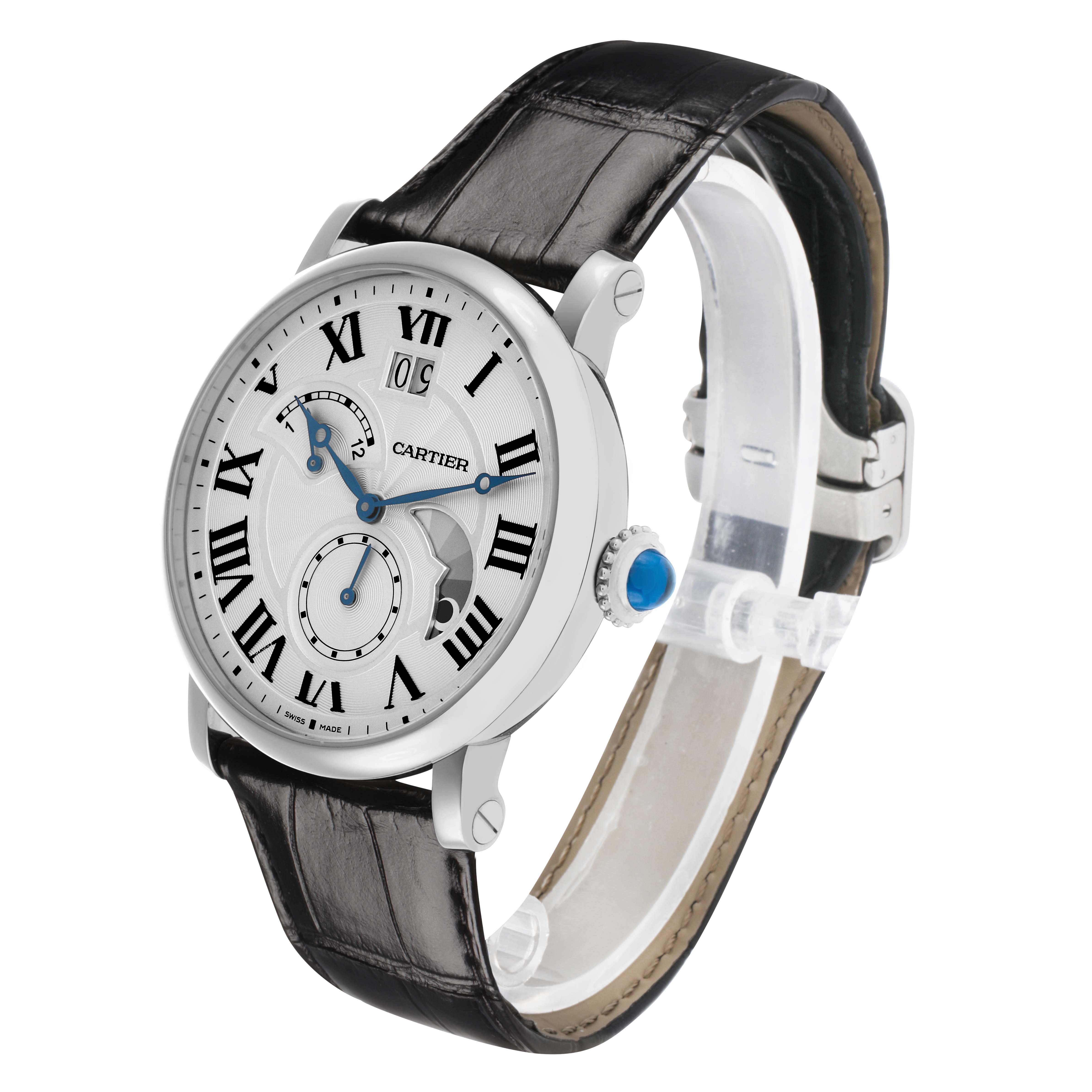 The Cartier Rotonde W1556368 Men's Stainless Steel Silver Dial watch is shown at a slight angle, displaying the dial, crown, and leather strap.
