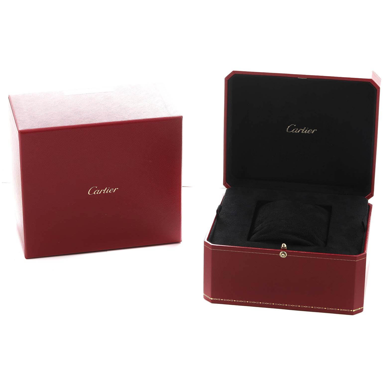 The image shows the Rotonde Cartier watch box at a front angle, displaying the closed outer box and open inner box.