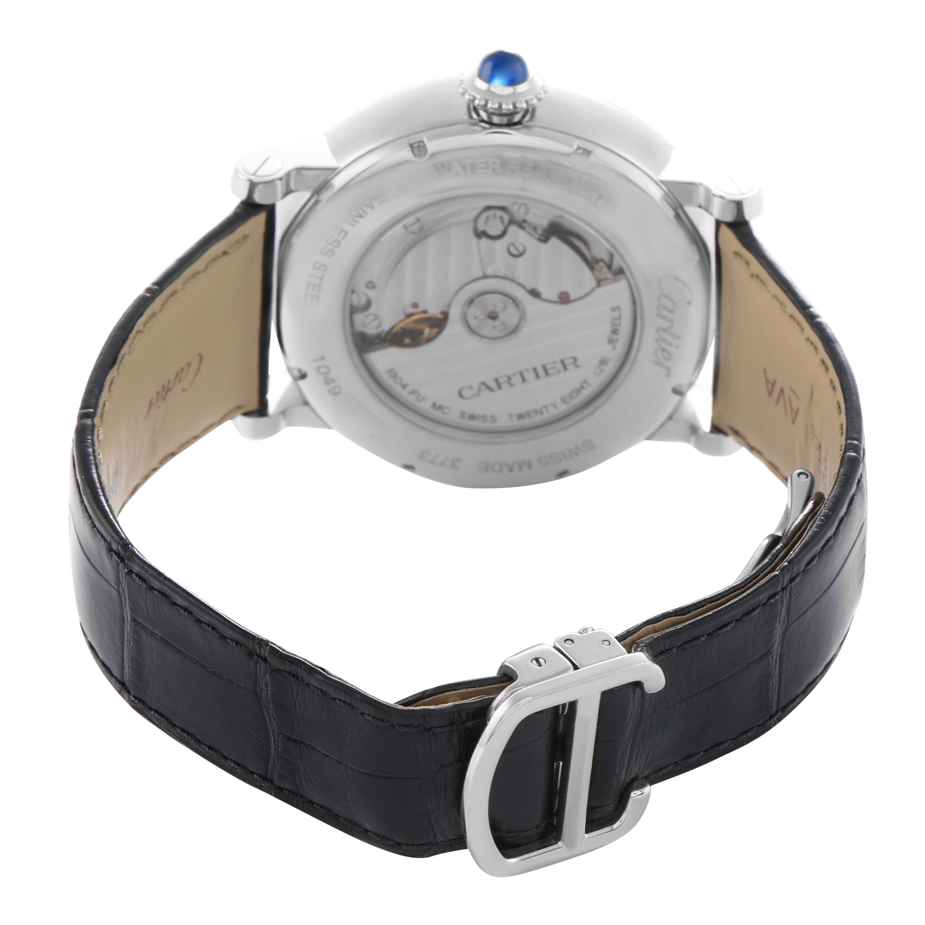 The Rotonde de Cartier watch is shown from the back, highlighting the movement and strap buckle.