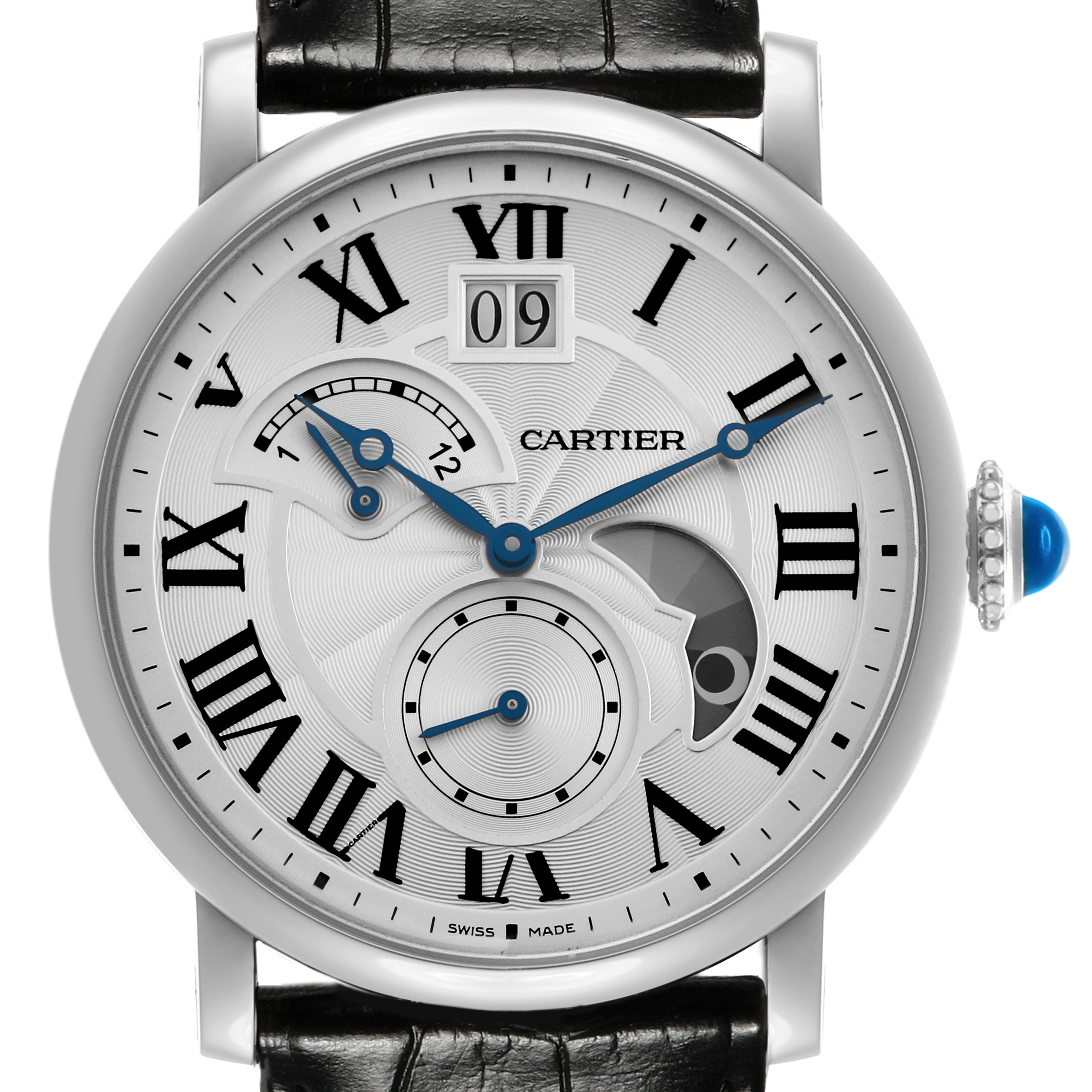 The image shows a front view of the Cartier Rotonde W1556368 Men's Stainless Steel Silver Dial watch, highlighting its face, Roman numerals, and blue hands.