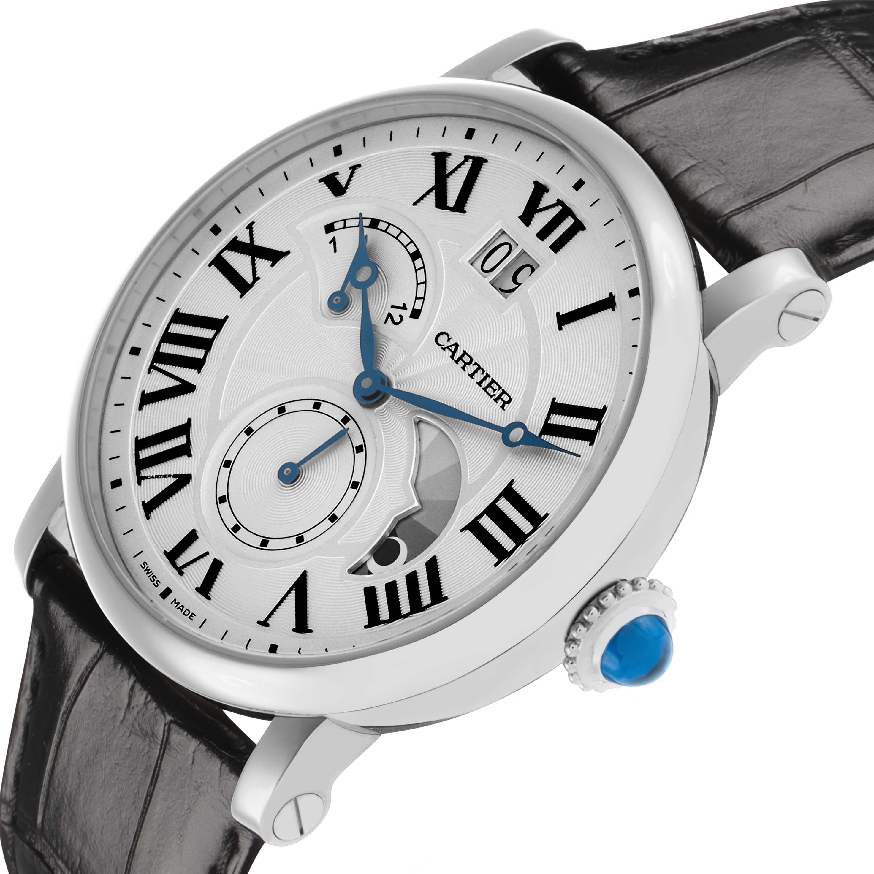 The Cartier Rotonde W1556368 Men's Stainless Steel Silver Dial watch is shown at a three-quarter angle, displaying its face, crown, and leather strap.