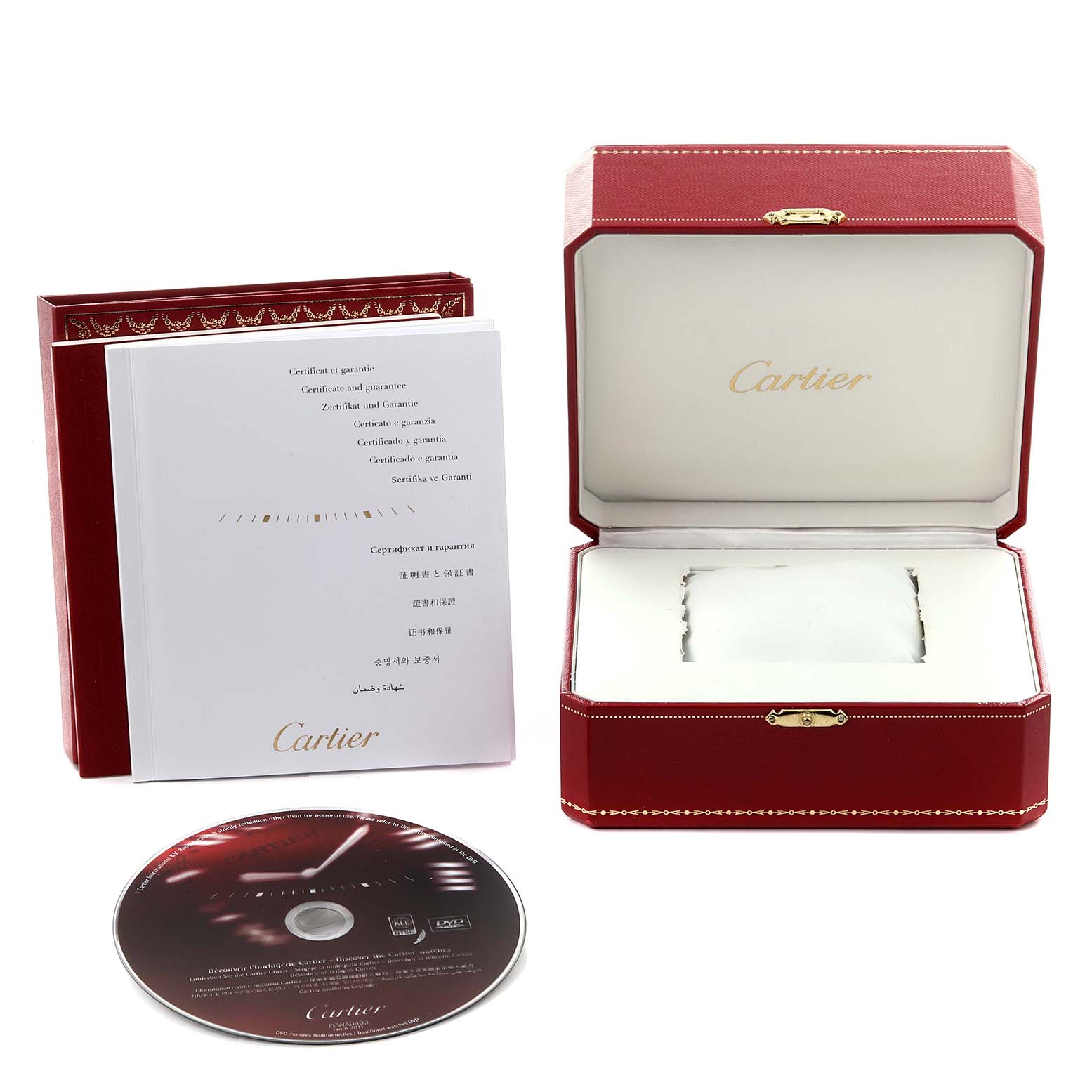 The image shows the Cartier Santos 65759 Men's Rose Gold Transparent Dial 65759 Men's Rose Gold Transparent Dial watch box, certificate, and a CD from an angled top view.