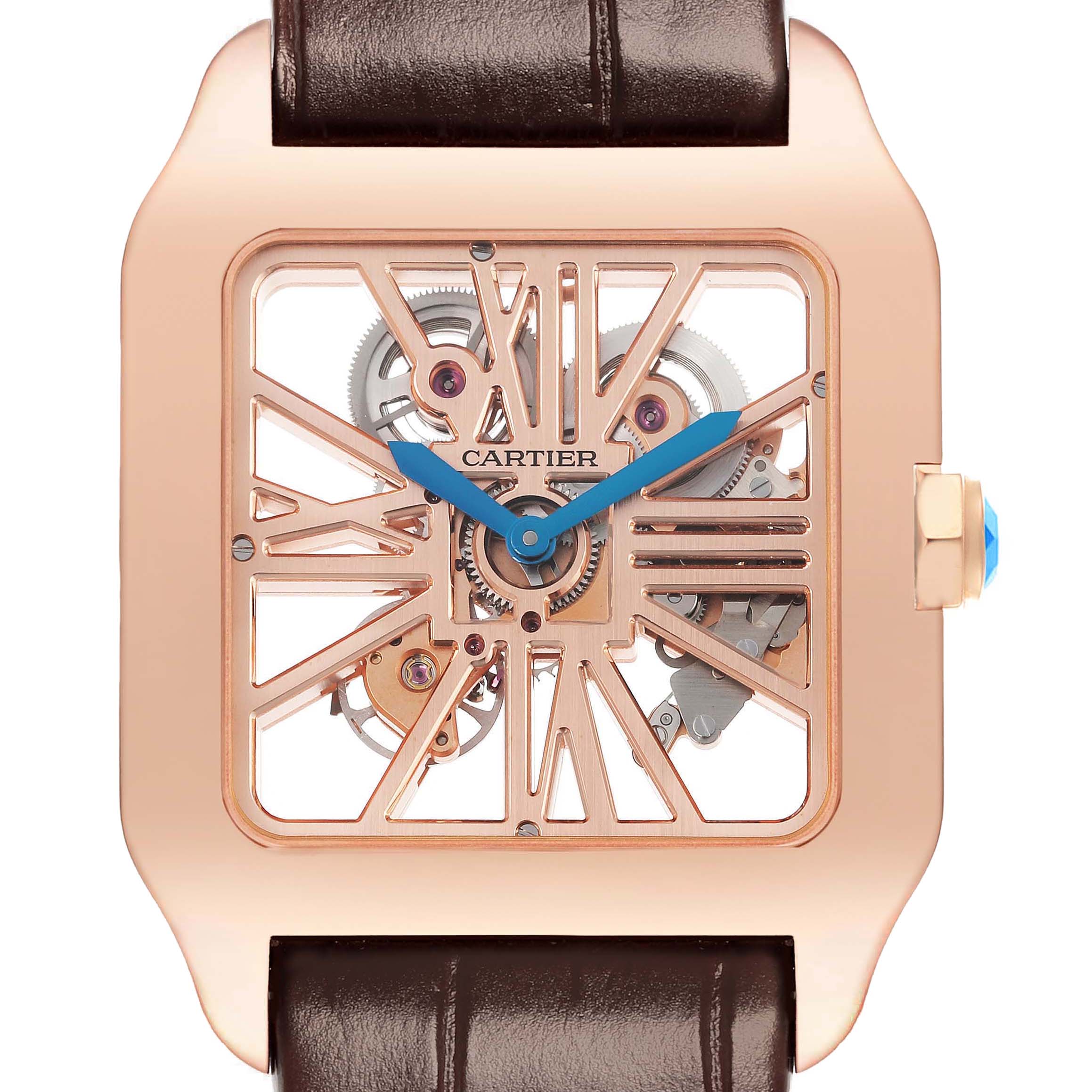 The Cartier Santos W2020057 Men's Rose Gold Transparent Dial watch is shown from the front, highlighting its openwork dial, blue hands, and the mechanical movement inside.