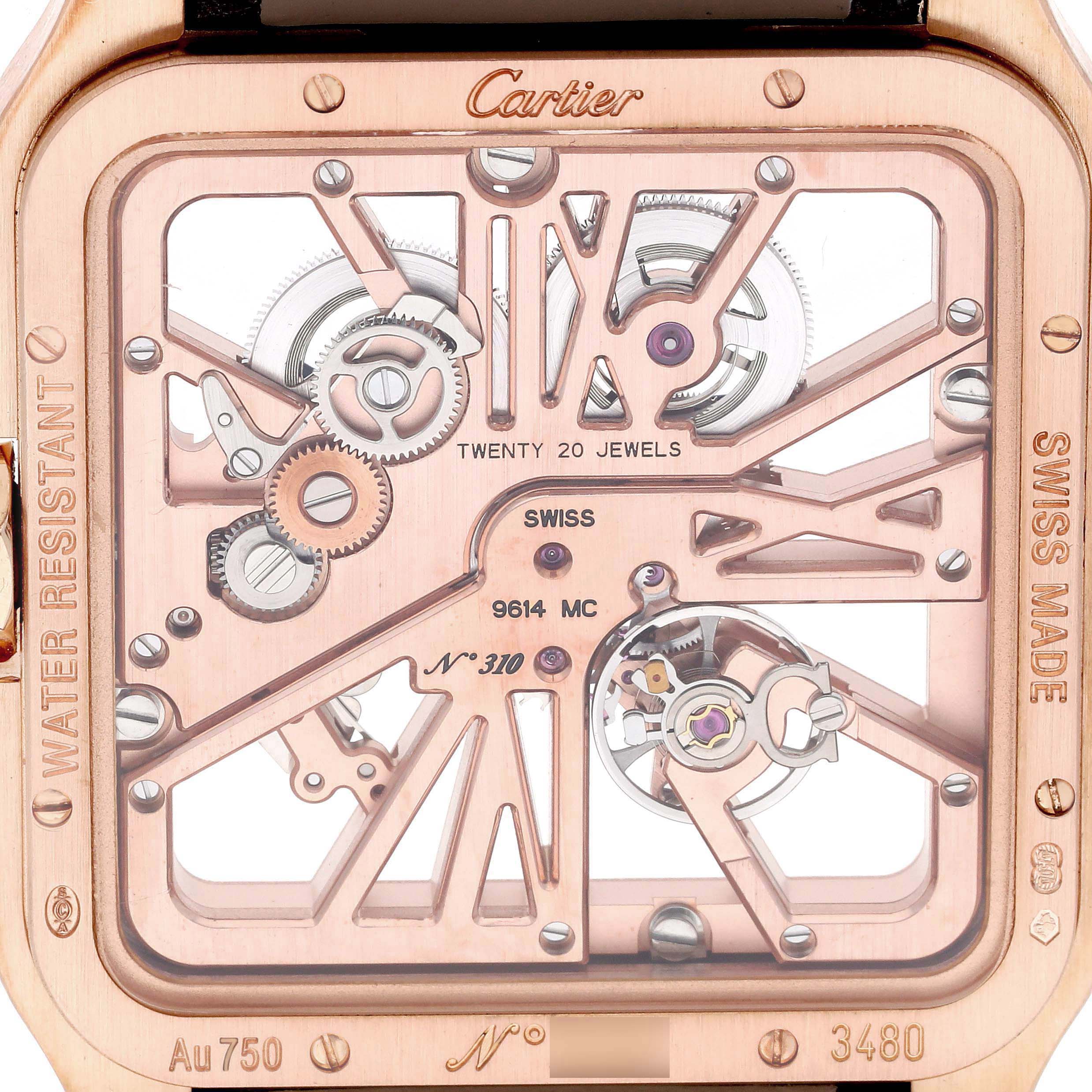 The image shows a close-up of the Santos model by Cartier, highlighting its intricate skeleton movement and gears from a frontal angle.