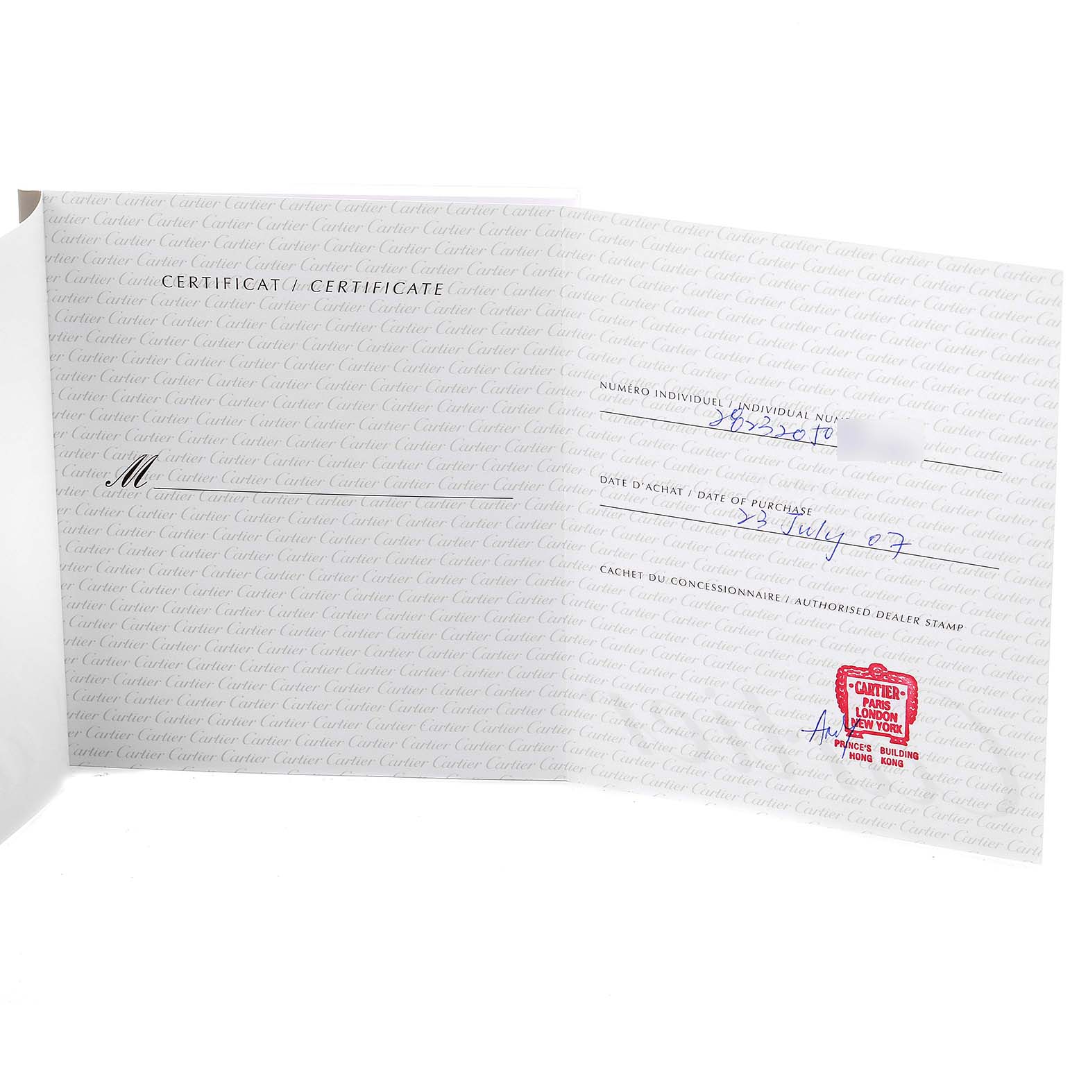 This image shows the warranty certificate for the Cartier Santos W20099C4 Men's Steel and Gold (two tone) Silver Dial W20099C4 Men's Steel and Gold (two tone) Silver Dial model watch.