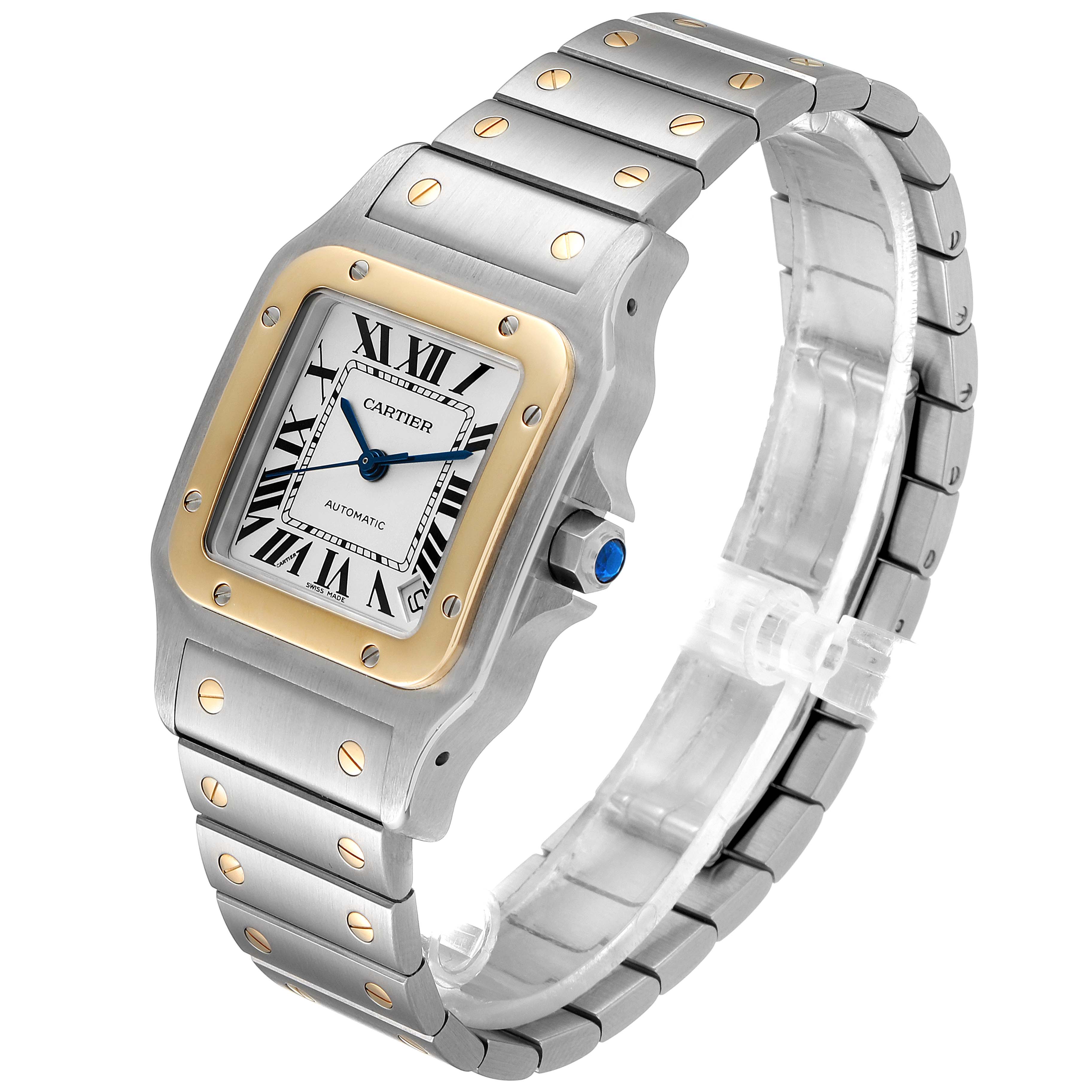 The Cartier Santos W20099C4 Men's Steel and Gold (two tone) Silver Dial W20099C4 Men's Steel and Gold (two tone) Silver Dial watch is shown at an angle highlighting the rectangular face, bezel, bracelet, and crown.