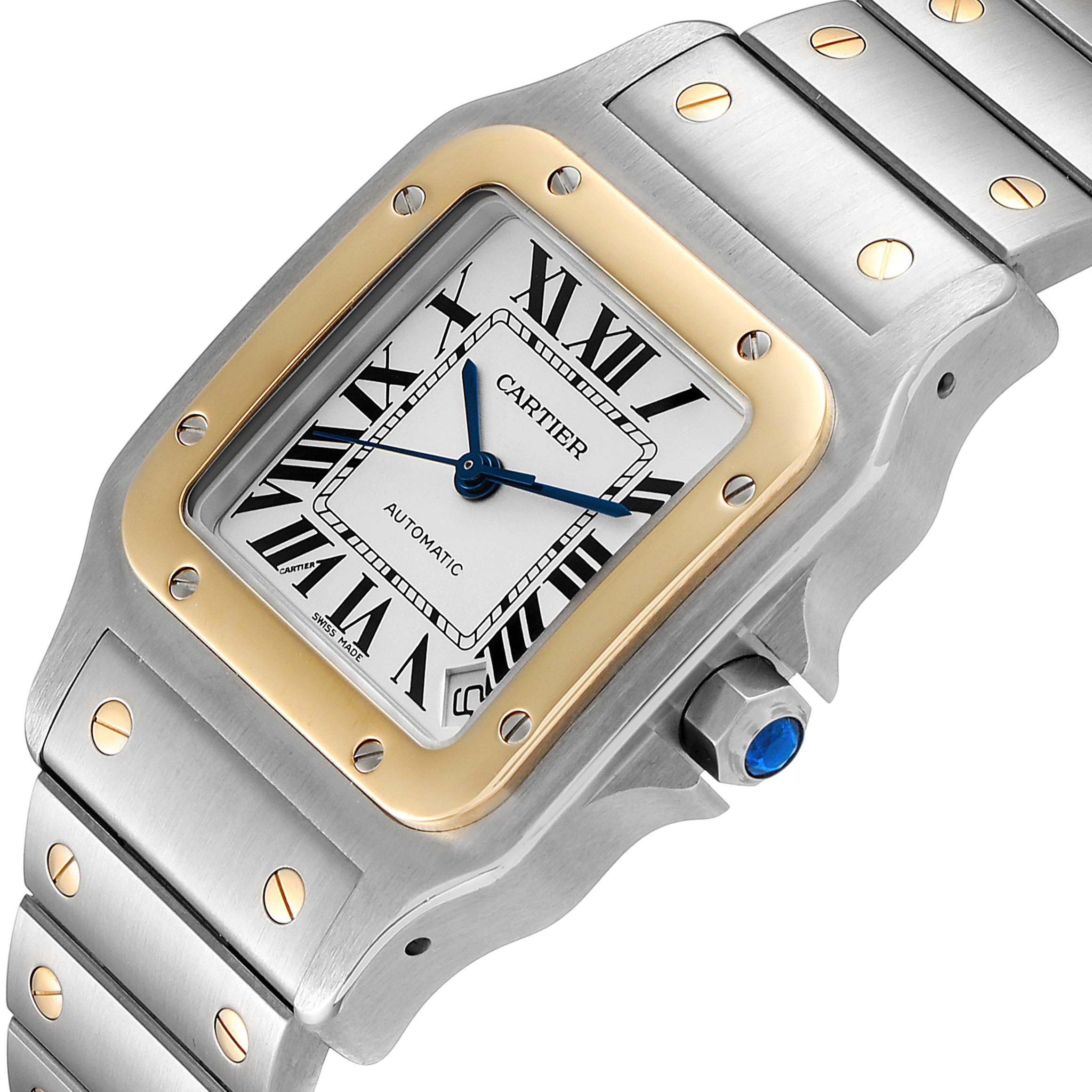 The Cartier Santos W20099C4 Men's Steel and Gold (two tone) Silver Dial W20099C4 Men's Steel and Gold (two tone) Silver Dial watch is shown at an angled close-up, highlighting the face, bezel, crown, and part of the band.