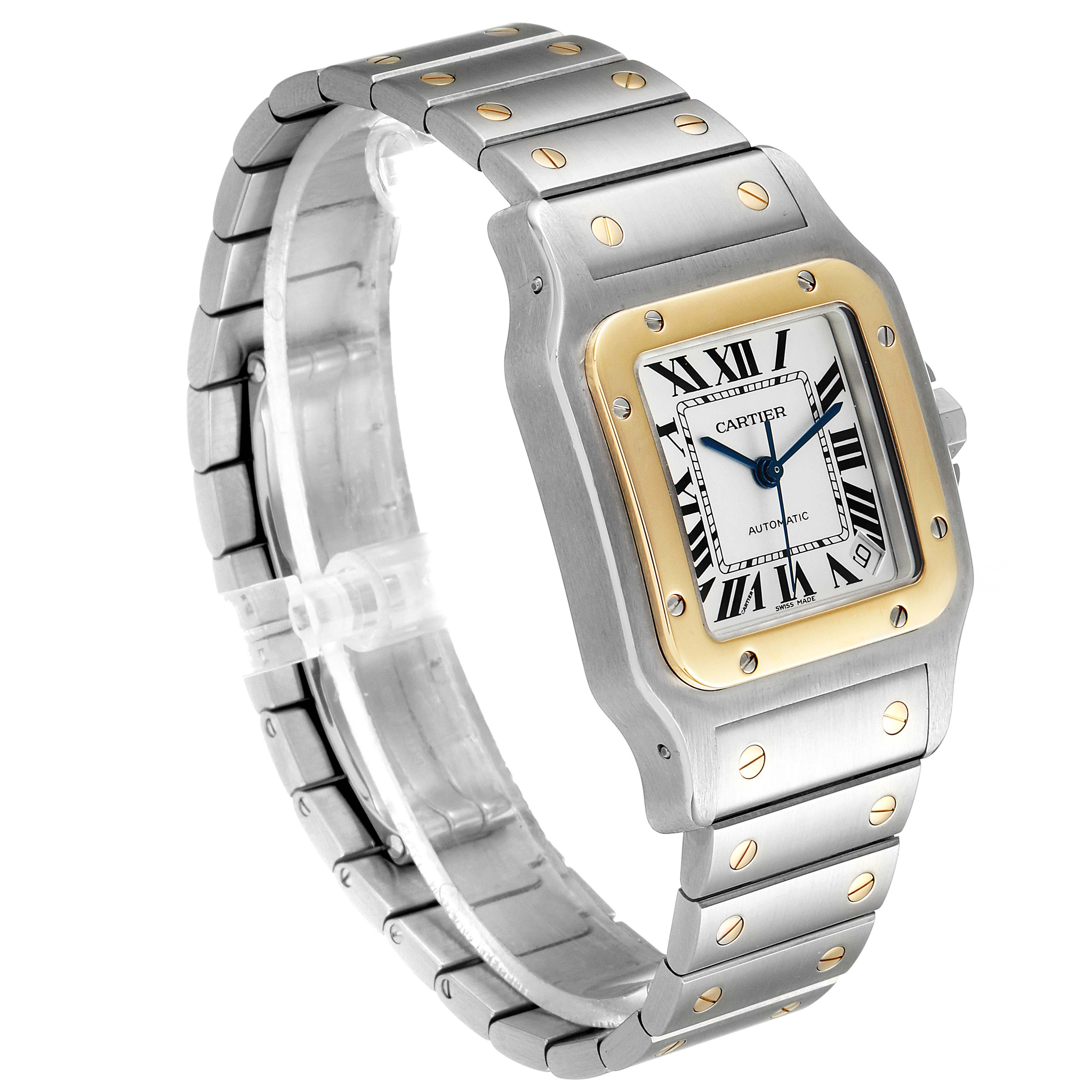 The Cartier Santos W20099C4 Men's Steel and Gold (two tone) Silver Dial W20099C4 Men's Steel and Gold (two tone) Silver Dial watch is shown from a three-quarter angle highlighting the face, bezel, and bracelet.