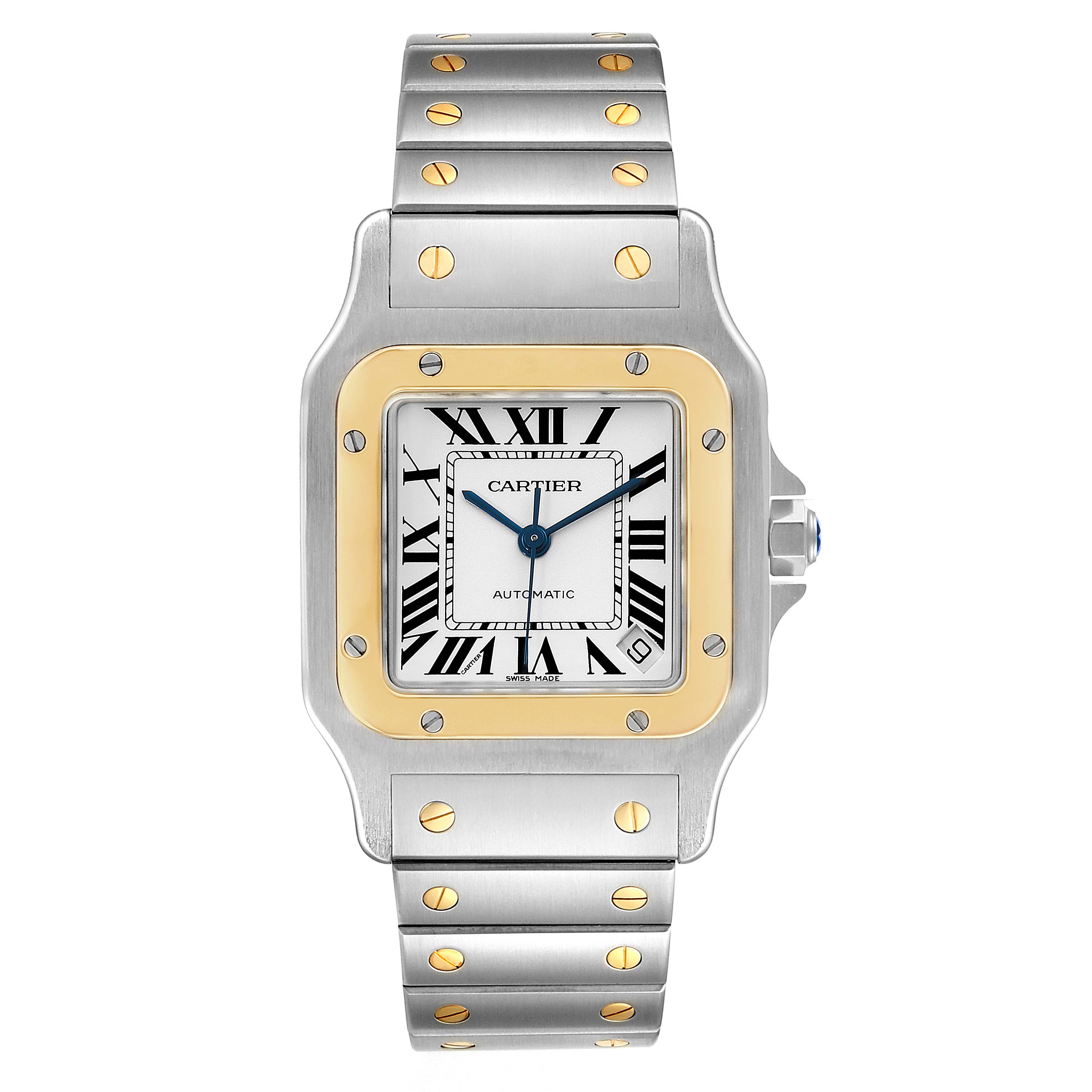 This image shows a front view of a Cartier Santos W20099C4 Men's Steel and Gold (two tone) Silver Dial W20099C4 Men's Steel and Gold (two tone) Silver Dial watch, highlighting the face, bezel, and bracelet with gold accents.