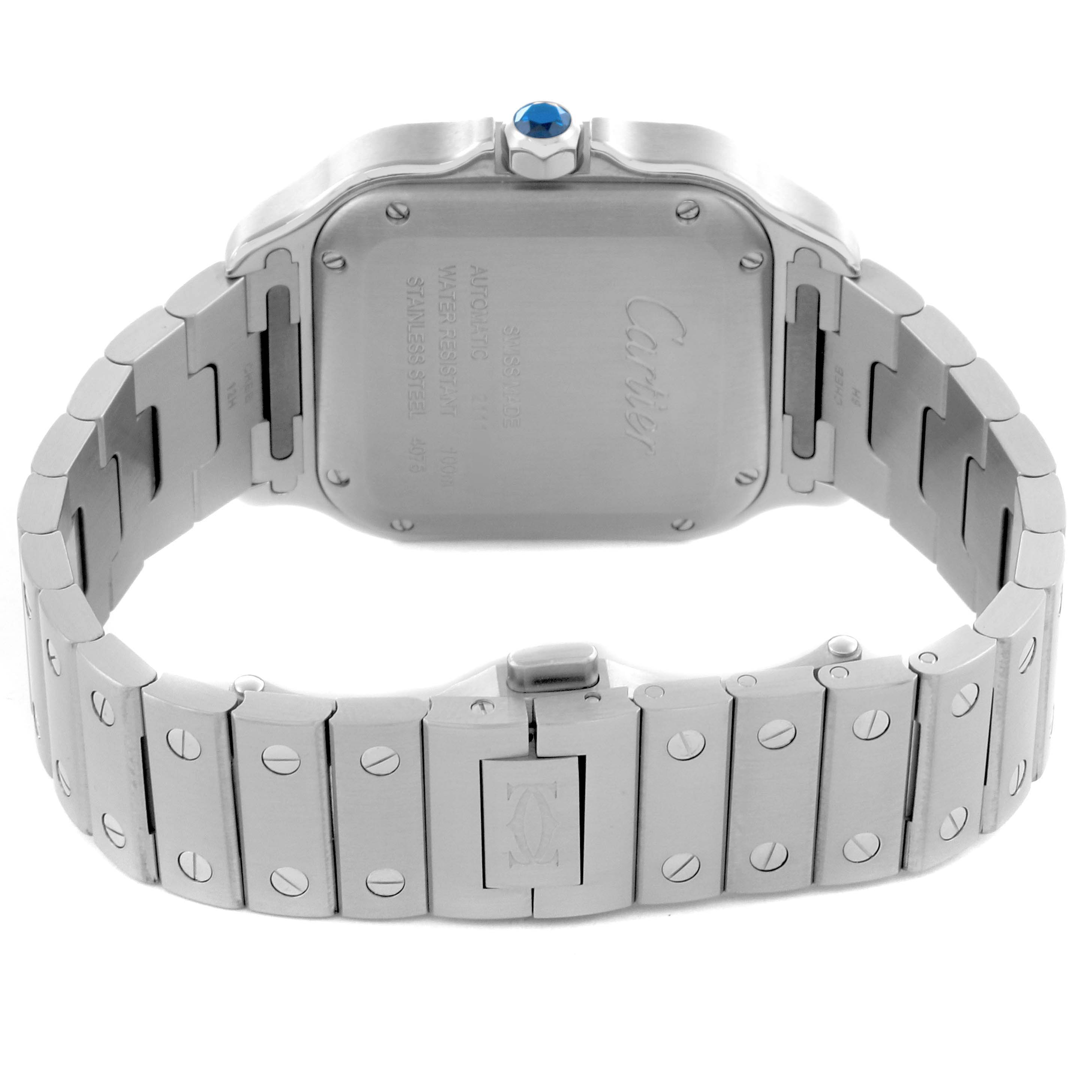 The image shows the back and bracelet of a Cartier Santos W4SA0005 Men's Stainless Steel Silver Dial W4SA0005 Men's Stainless Steel Silver Dial watch, highlighting the case back and clasp details.