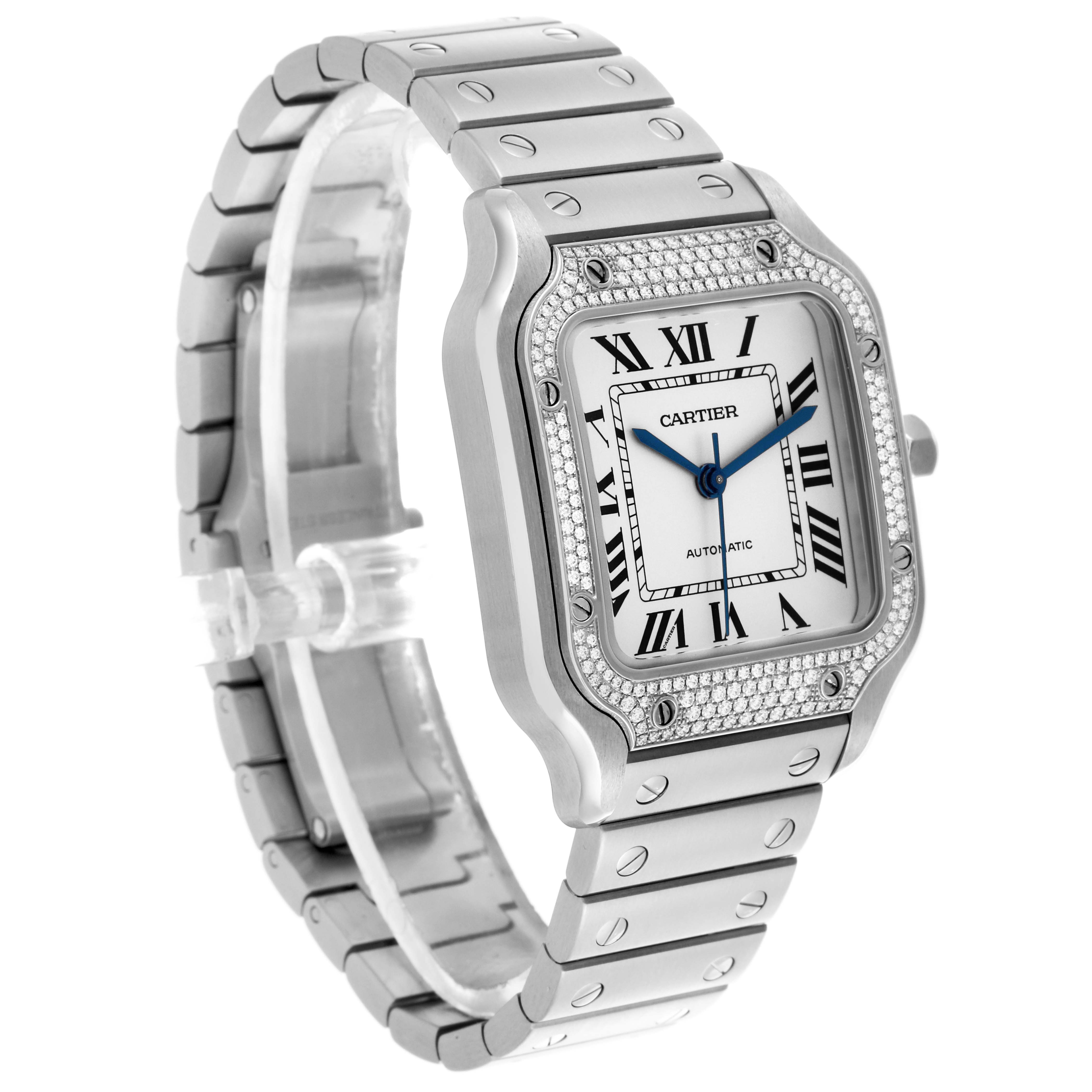 The Cartier Santos W4SA0005 Men's Stainless Steel Silver Dial W4SA0005 Men's Stainless Steel Silver Dial watch is shown at a three-quarter angle, highlighting the face, bezel, and bracelet.