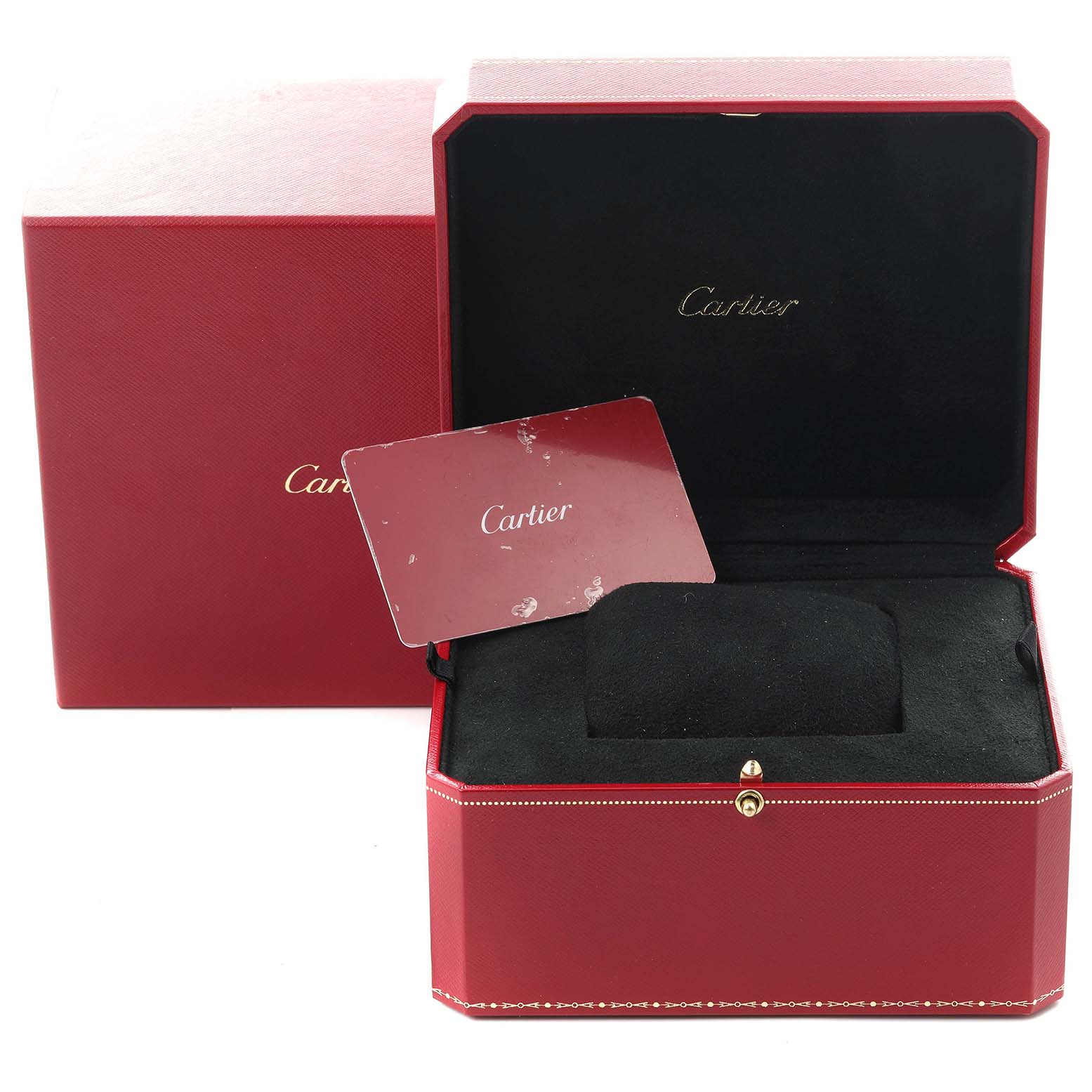 The image shows a Cartier Santos W4SA0005 Men's Stainless Steel Silver Dial W4SA0005 Men's Stainless Steel Silver Dial watch box set with logo card, viewed from the front, highlighting the red packaging and open interior.