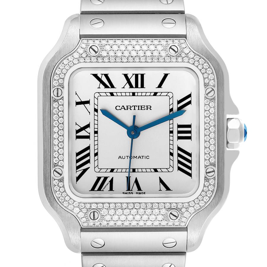 The Cartier Santos watch is shown from the front, displaying the face, bezel, and part of the bracelet.