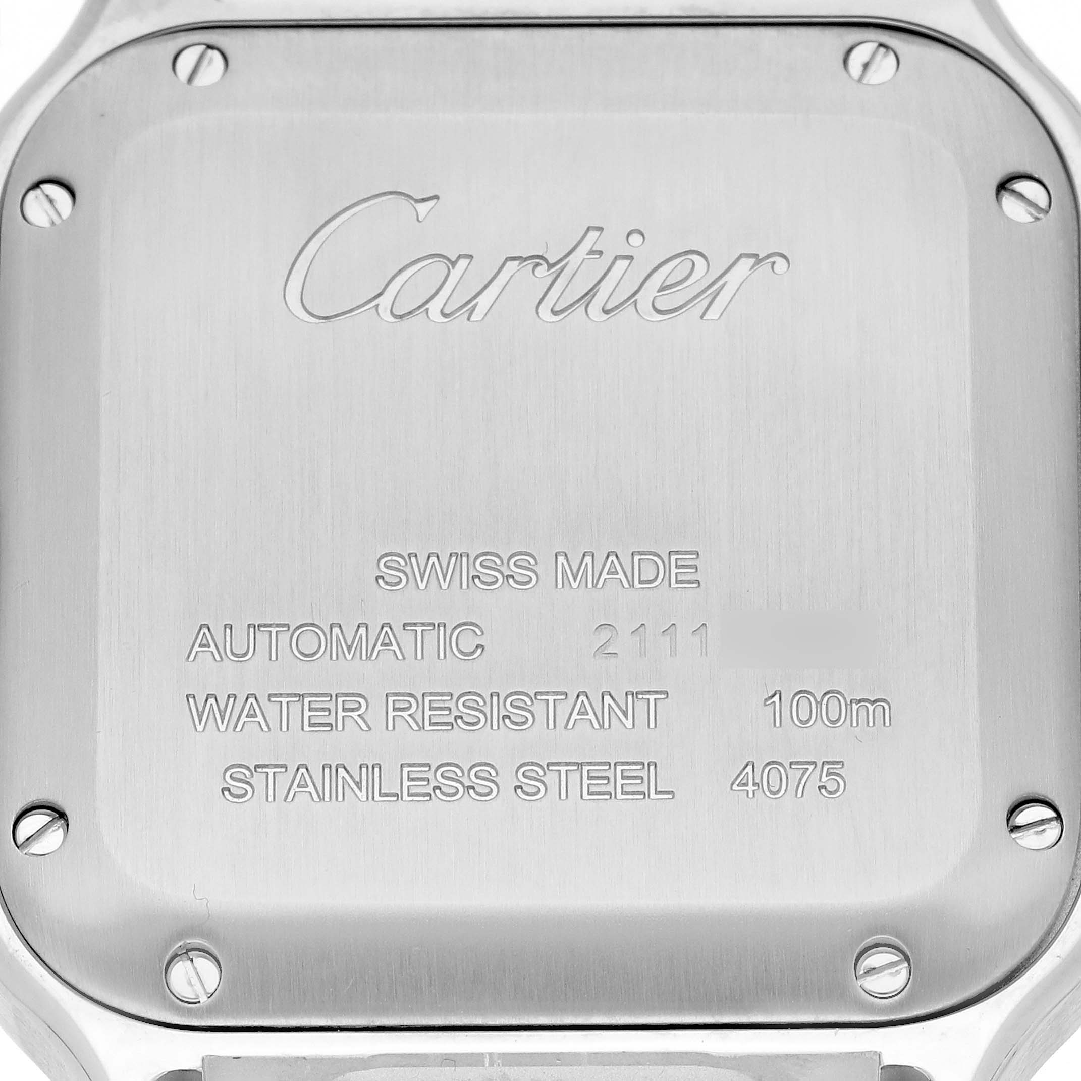 The image shows the back of a Cartier Santos W4SA0005 Men's Stainless Steel Silver Dial W4SA0005 Men's Stainless Steel Silver Dial watch, featuring engravings and screws on the stainless steel case.