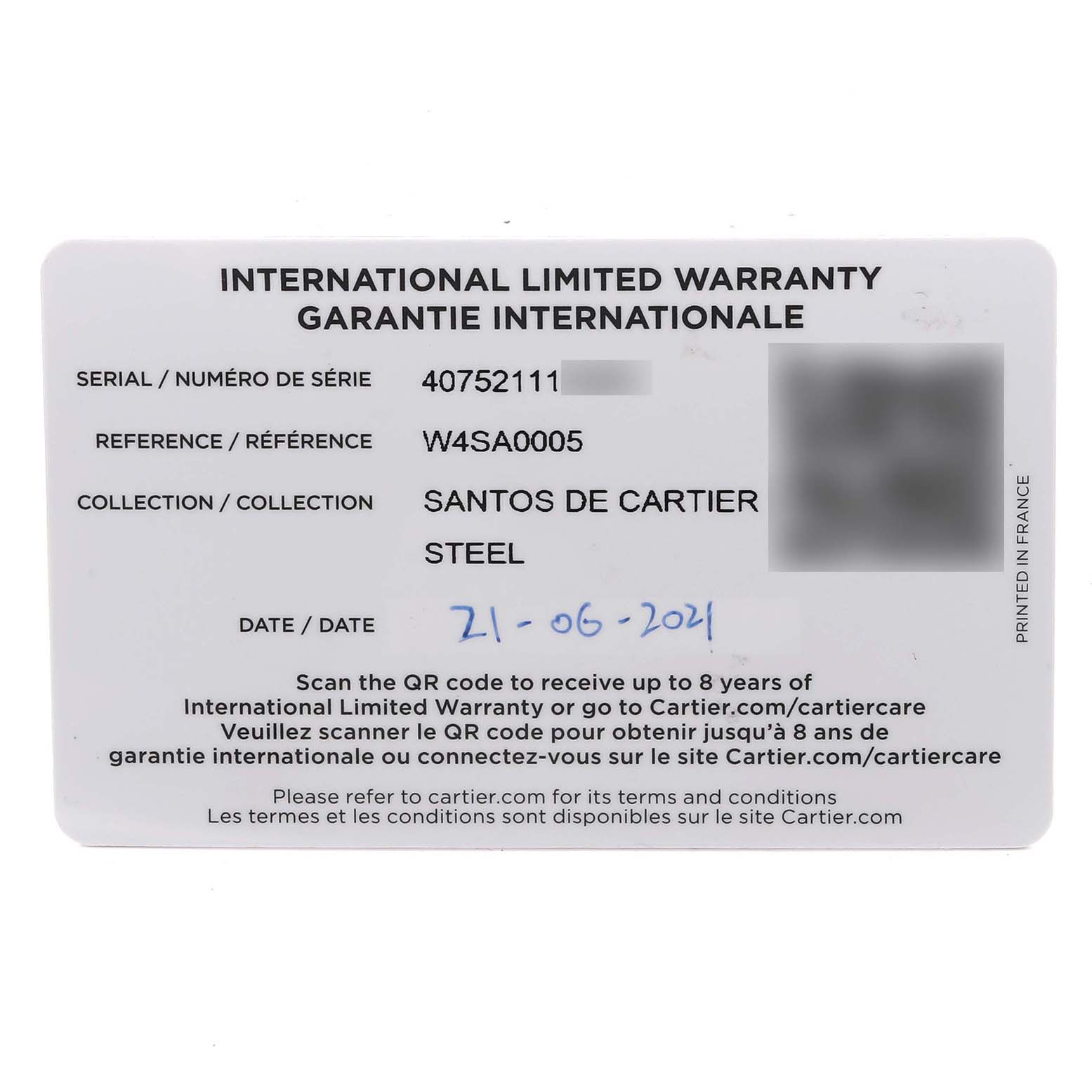 The image shows the warranty card for a Cartier Santos W4SA0005 Men's Stainless Steel Silver Dial W4SA0005 Men's Stainless Steel Silver Dial model, displaying serial, reference numbers, and date.