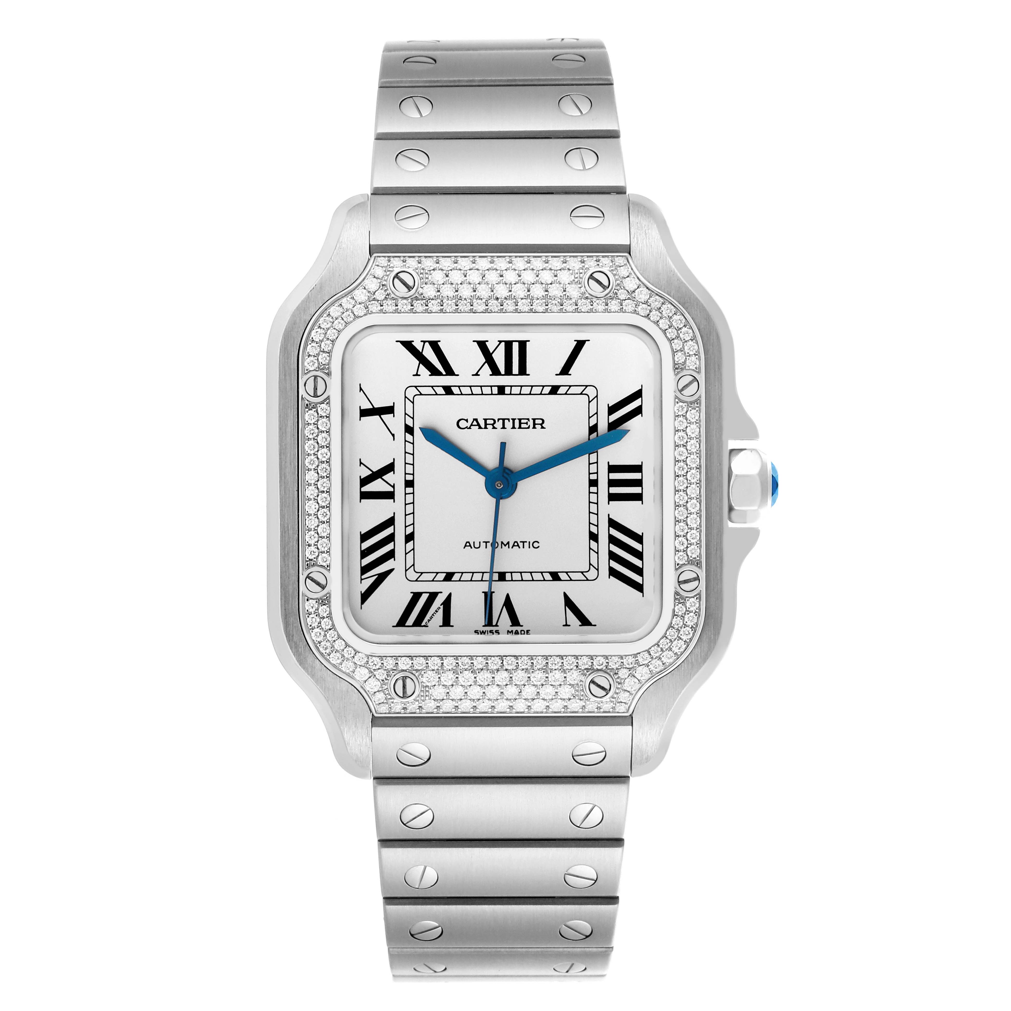 The Cartier Santos W4SA0005 Men's Stainless Steel Silver Dial W4SA0005 Men's Stainless Steel Silver Dial watch is shown from the front, highlighting the face, bezel, and bracelet.