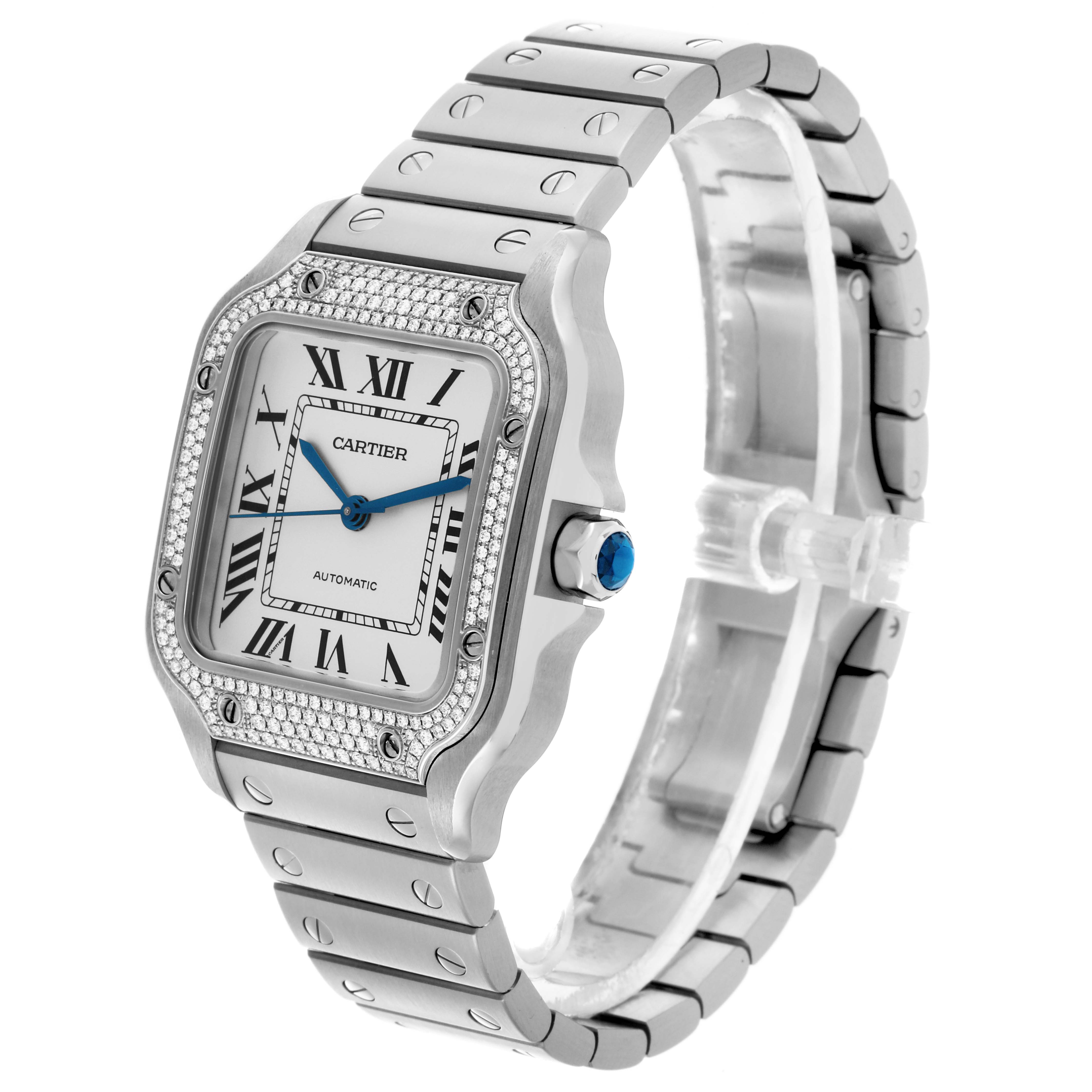 The Cartier Santos W4SA0005 Men's Stainless Steel Silver Dial W4SA0005 Men's Stainless Steel Silver Dial watch is shown at a three-quarter angle, displaying the face, bezel, and bracelet.