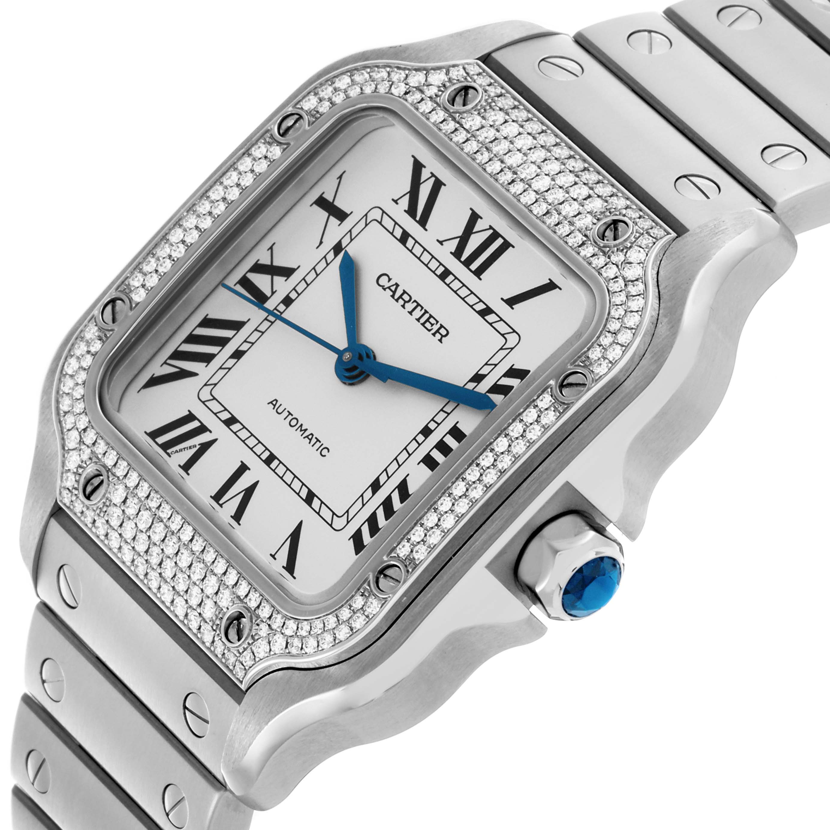 The Cartier Santos W4SA0005 Men's Stainless Steel Silver Dial W4SA0005 Men's Stainless Steel Silver Dial watch is shown at an angled close-up, highlighting its diamond bezel, blue hands, and a portion of the bracelet.