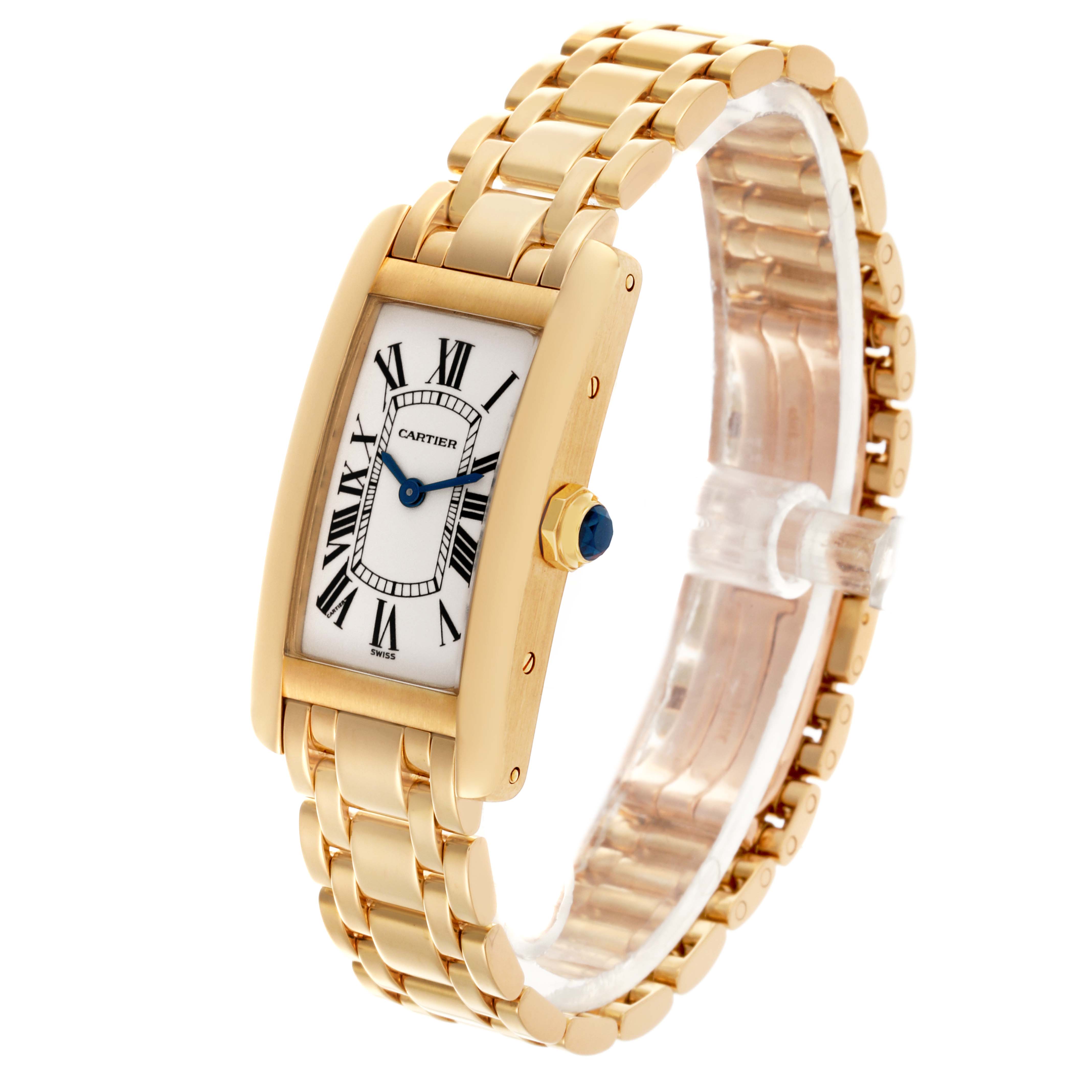 The Cartier Tank Americaine W26015K2 Women's Yellow Gold Silver Dial W26015K2 Women's Yellow Gold Silver Dial watch is shown at an angle highlighting the face, bracelet, and crown.