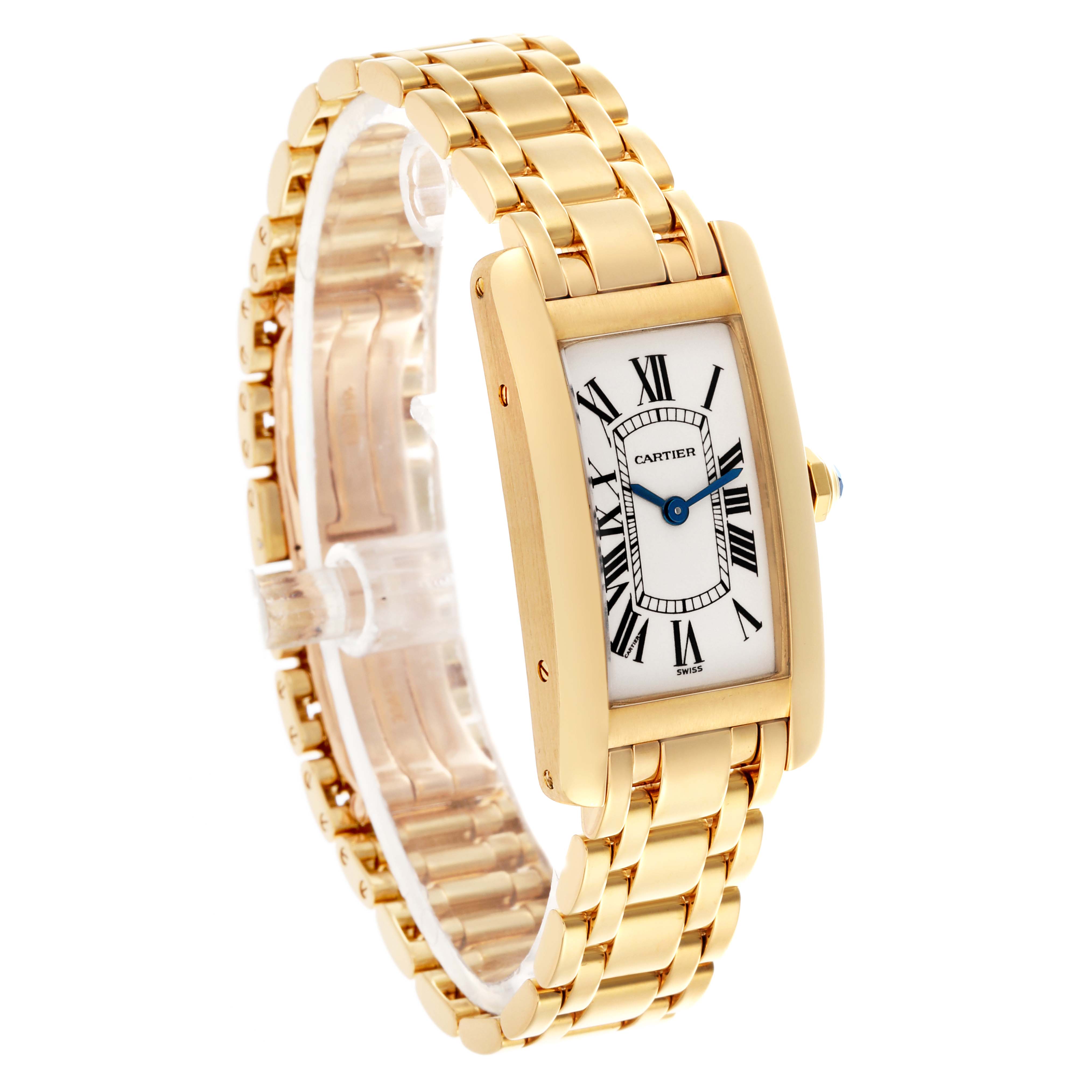 The Cartier Tank Americaine W26015K2 Women's Yellow Gold Silver Dial W26015K2 Women's Yellow Gold Silver Dial watch is shown at an angled side view, highlighting its gold case and bracelet with a visible crown.