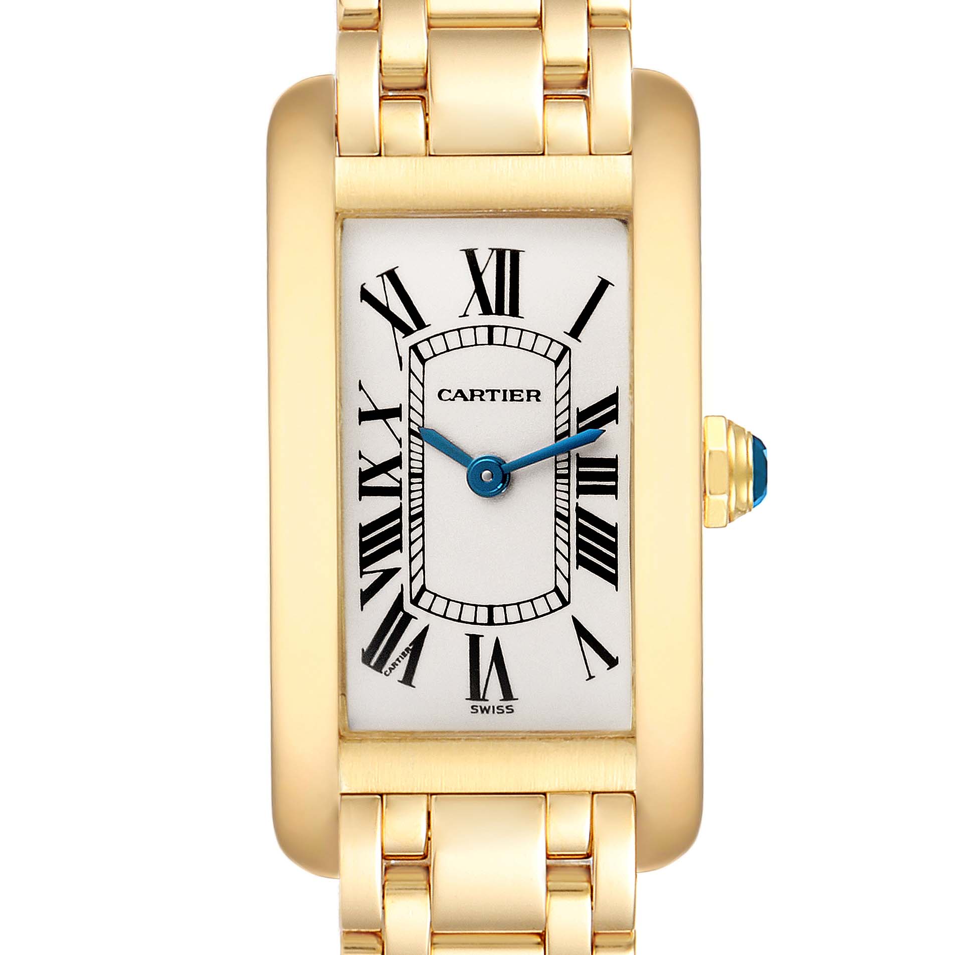 The Cartier Tank Americaine W26015K2 Women's Yellow Gold Silver Dial W26015K2 Women's Yellow Gold Silver Dial watch is shown from a front angle, highlighting its rectangular face and gold bracelet.