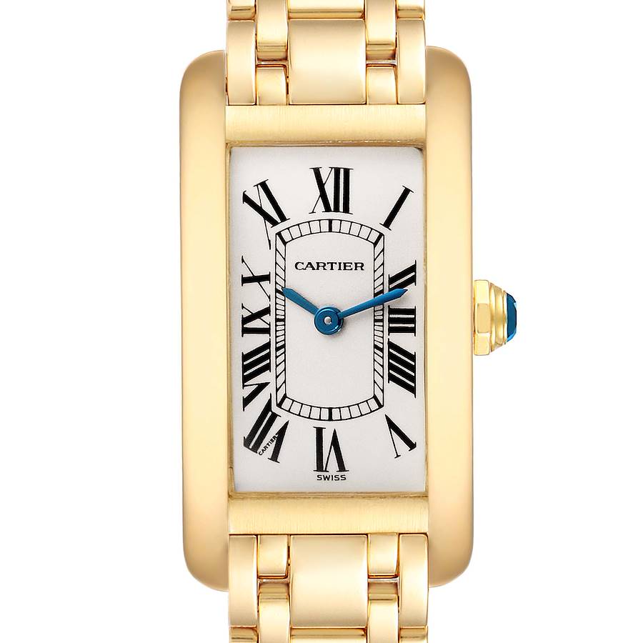 The Cartier Tank Americaine watch is shown from a front angle, highlighting its rectangular face and gold bracelet.