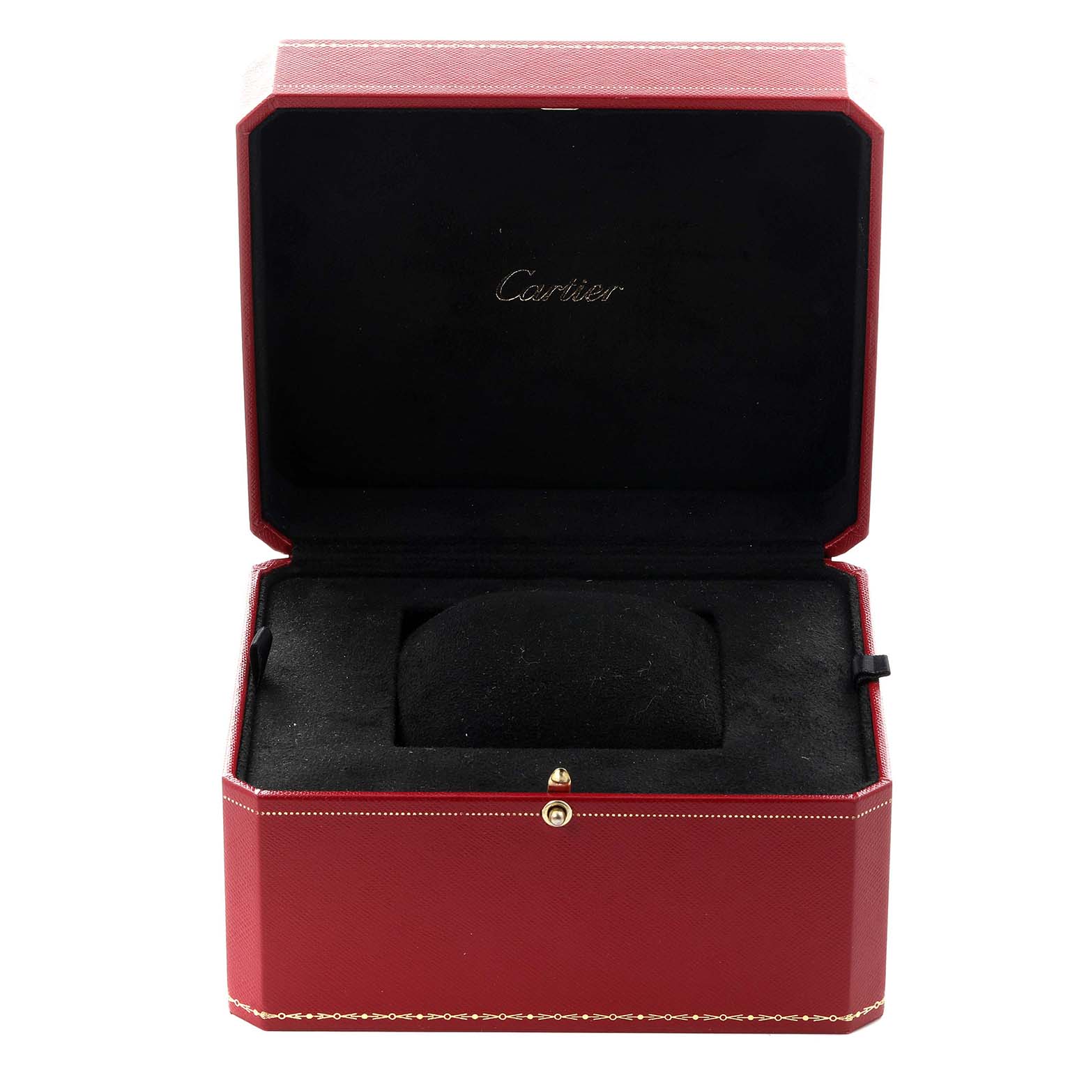 The image shows an open Cartier box for the Tank Americaine watch model, displaying its interior lining.