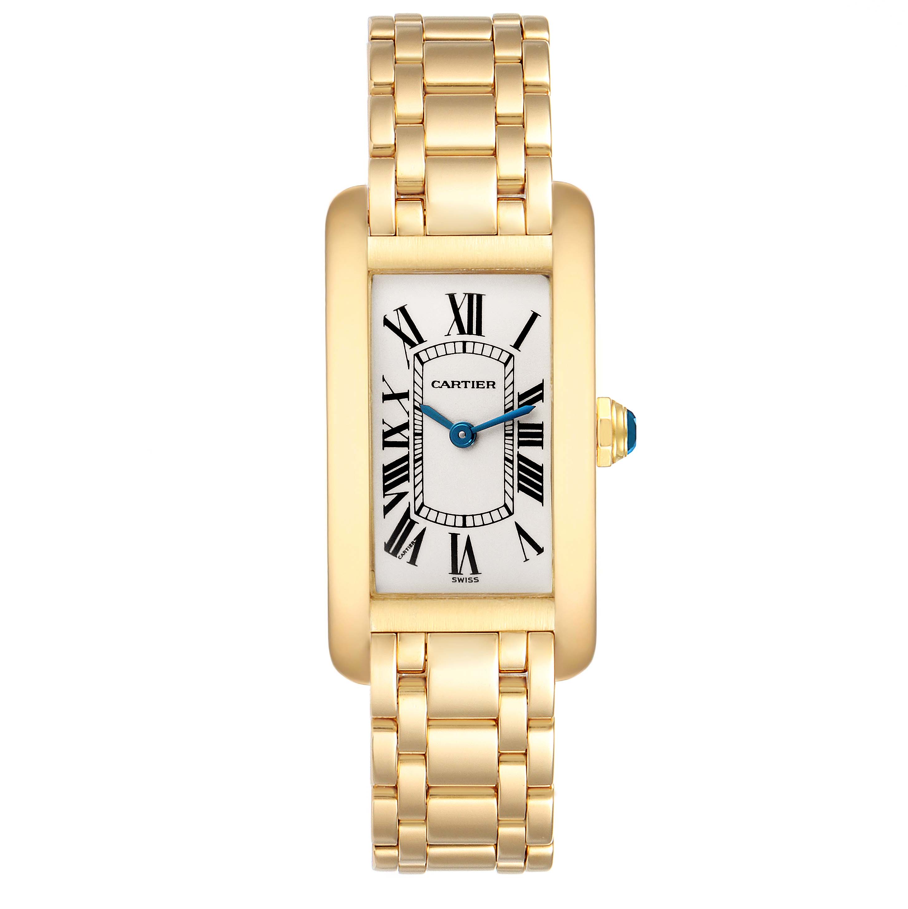 The Cartier Tank Americaine W26015K2 Women's Yellow Gold Silver Dial W26015K2 Women's Yellow Gold Silver Dial watch is shown from a front angle, displaying the face, Roman numerals, and gold bracelet.