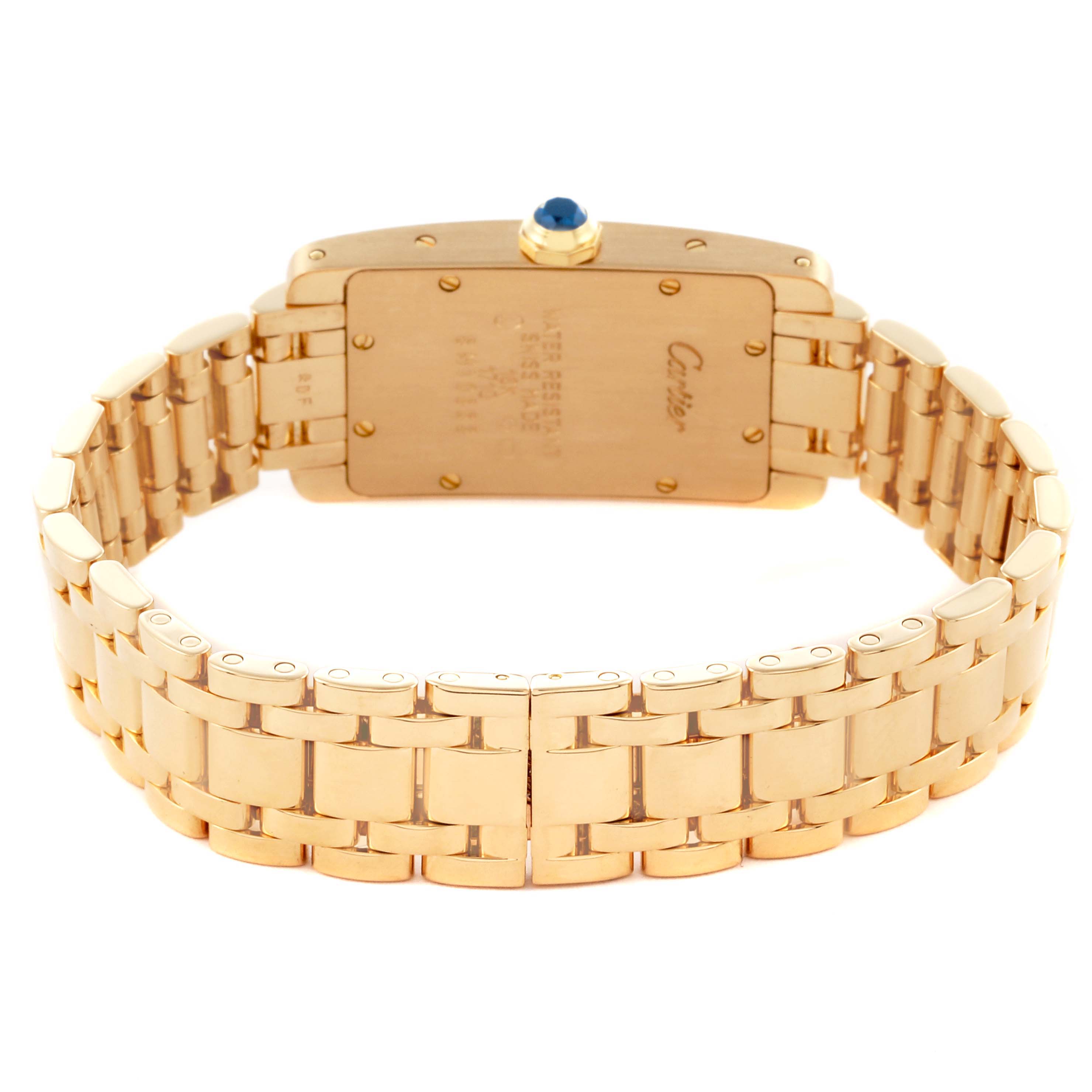 The image shows the back and bracelet of the Cartier Tank Americaine W26015K2 Women's Yellow Gold Silver Dial W26015K2 Women's Yellow Gold Silver Dial watch, highlighting the case back and gold links.