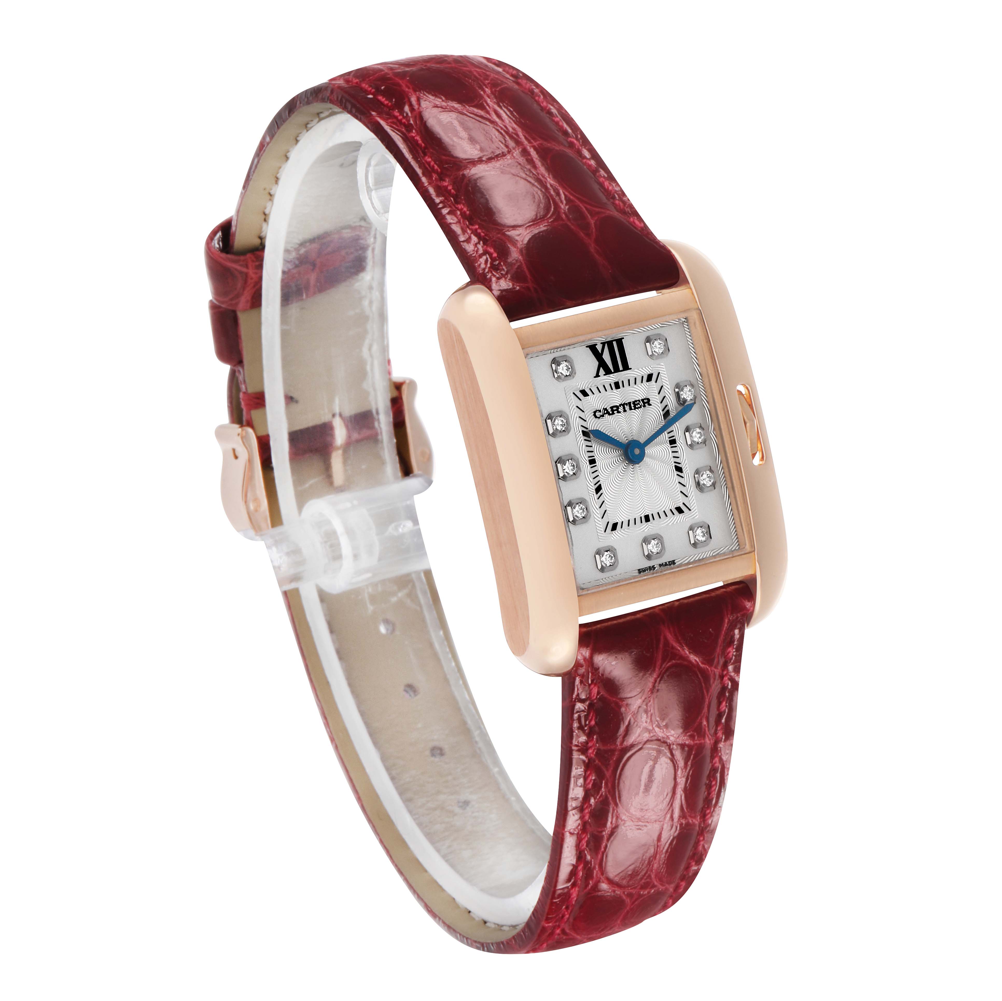 The Cartier Tank Anglaise WJTA0007 Women's Rose Gold Silver Dial watch is shown at an angle highlighting its rectangular face, red leather strap, and gold-tone case.