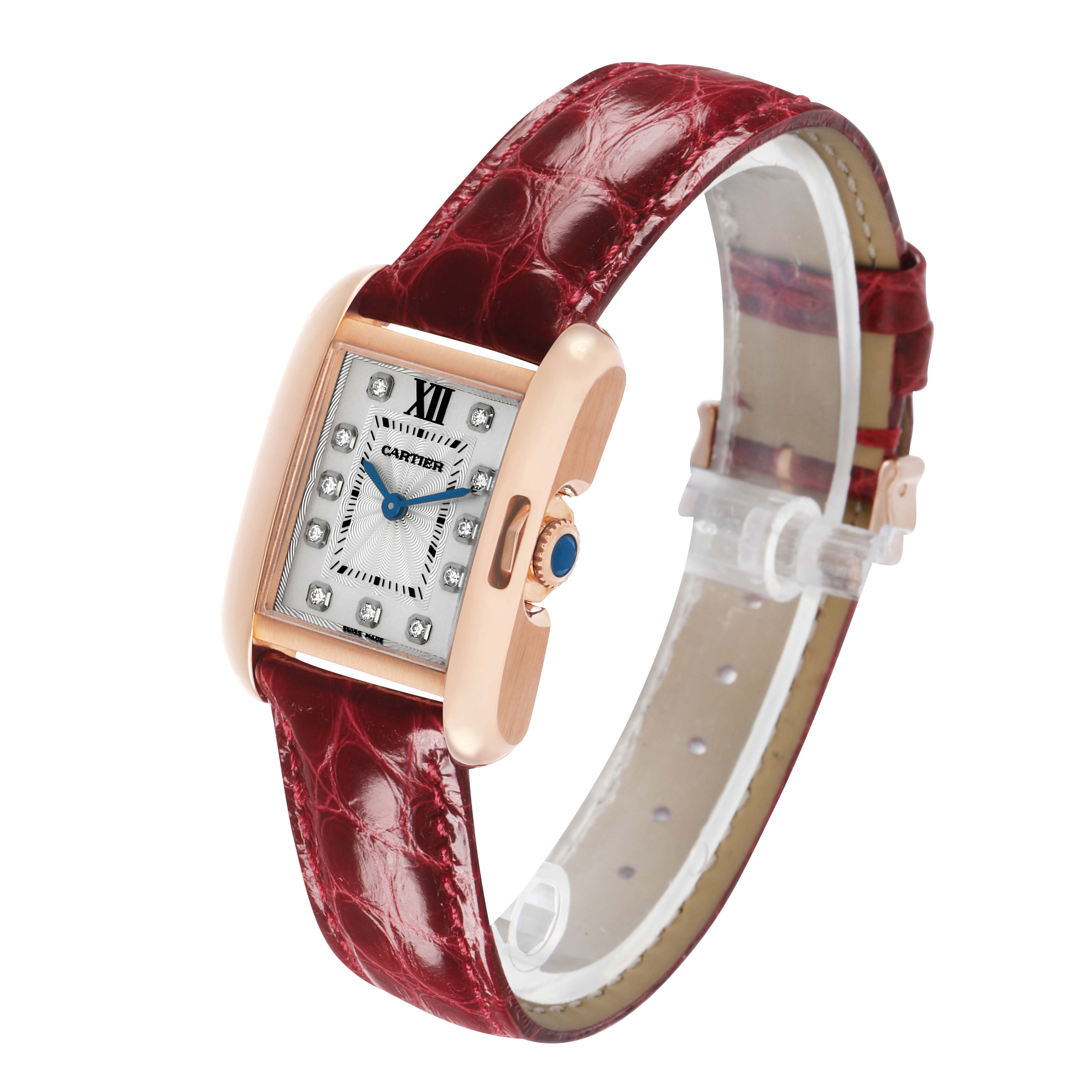 The Cartier Tank Anglaise WJTA0007 Women's Rose Gold Silver Dial watch is shown at a three-quarter angle, highlighting its face, bezel, crown, and leather strap.