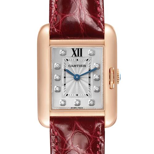 The Cartier Tank Anglaise WJTA0007 Women's Rose Gold Silver Dial watch is shown from the front, highlighting its rectangular dial, diamond markers, and leather strap.