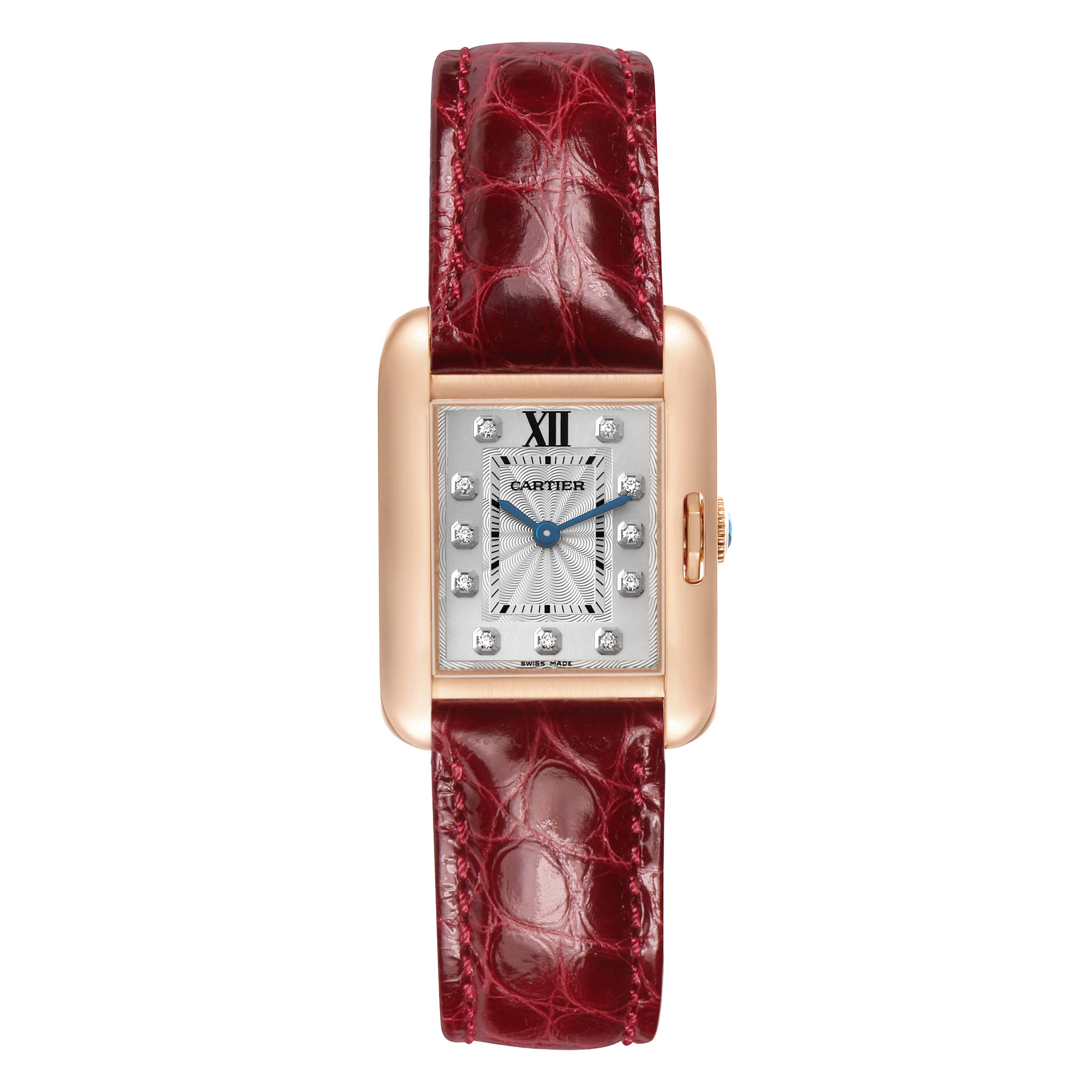 The Cartier Tank Anglaise WJTA0007 Women's Rose Gold Silver Dial watch is shown from a top view, highlighting its rectangular case, dial, and red leather strap.