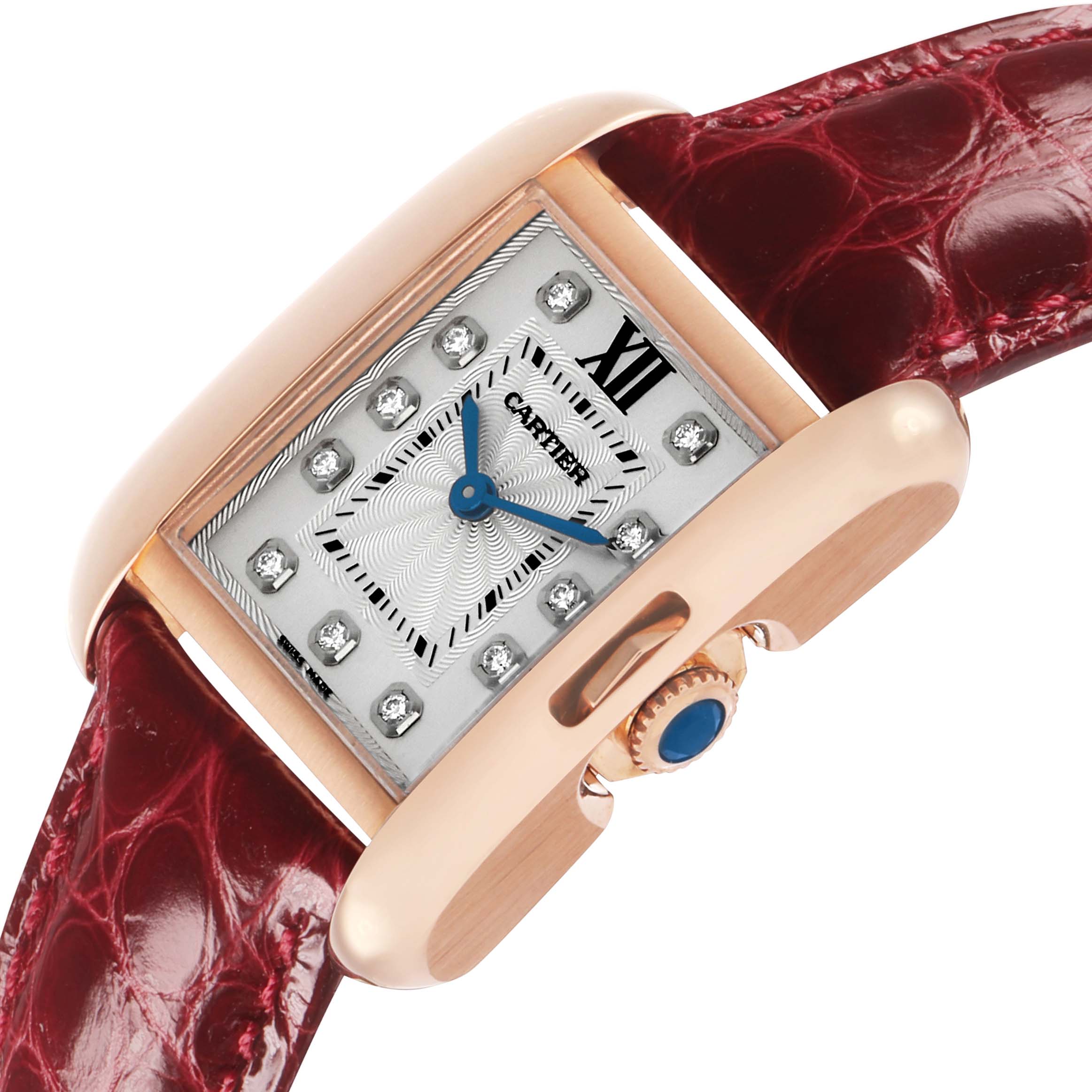 The Cartier Tank Anglaise WJTA0007 Women's Rose Gold Silver Dial watch is shown at an angled close-up of the face, highlighting the dial, case, and strap detail.